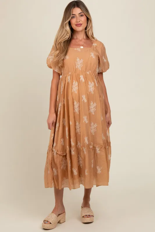 Camel Floral Print Ruffle Hem Maternity Maxi Dress sold by Pinkblush