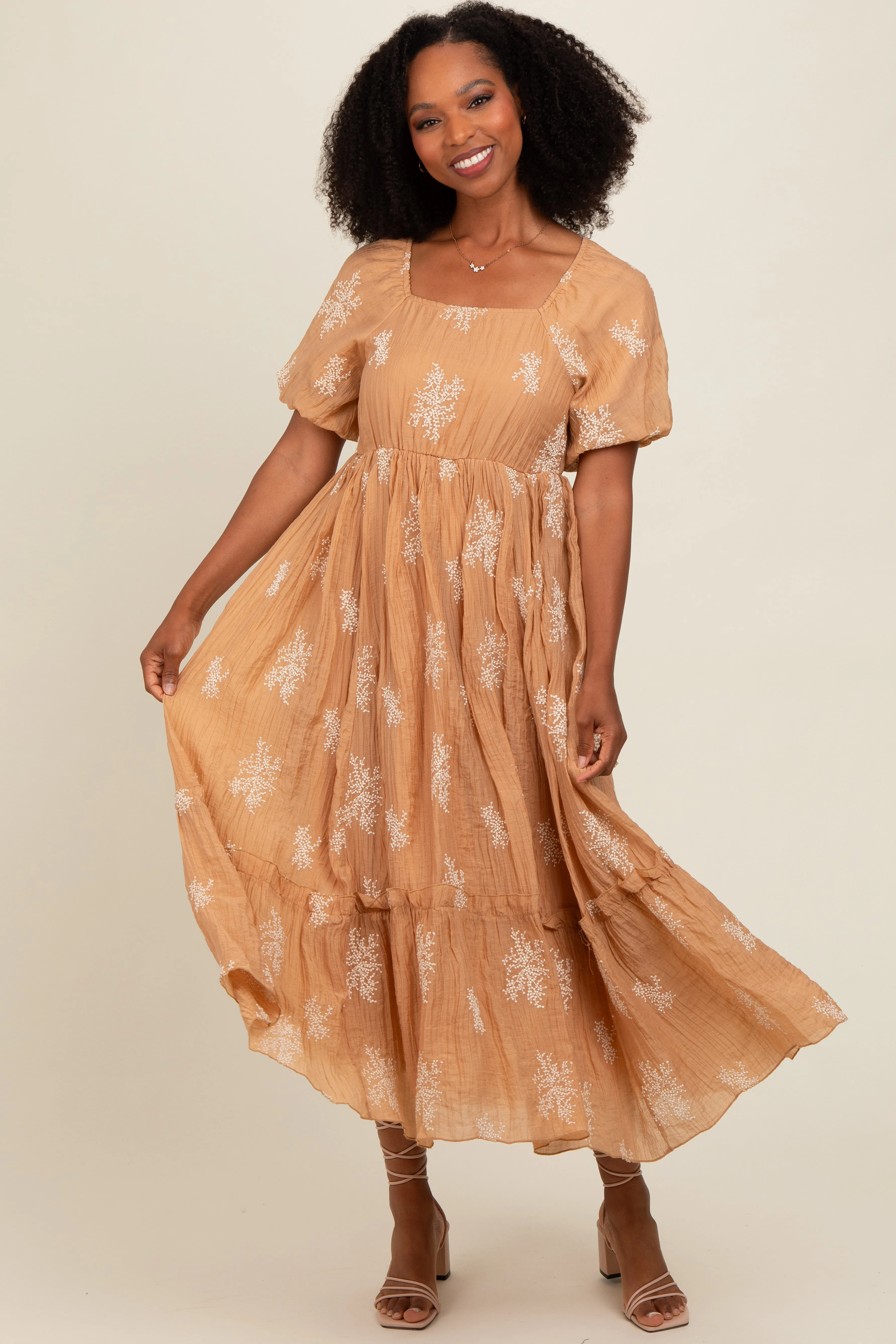Camel Floral Print Ruffle Hem Maternity Maxi Dress sold by Pinkblush product image thumbnail 5
