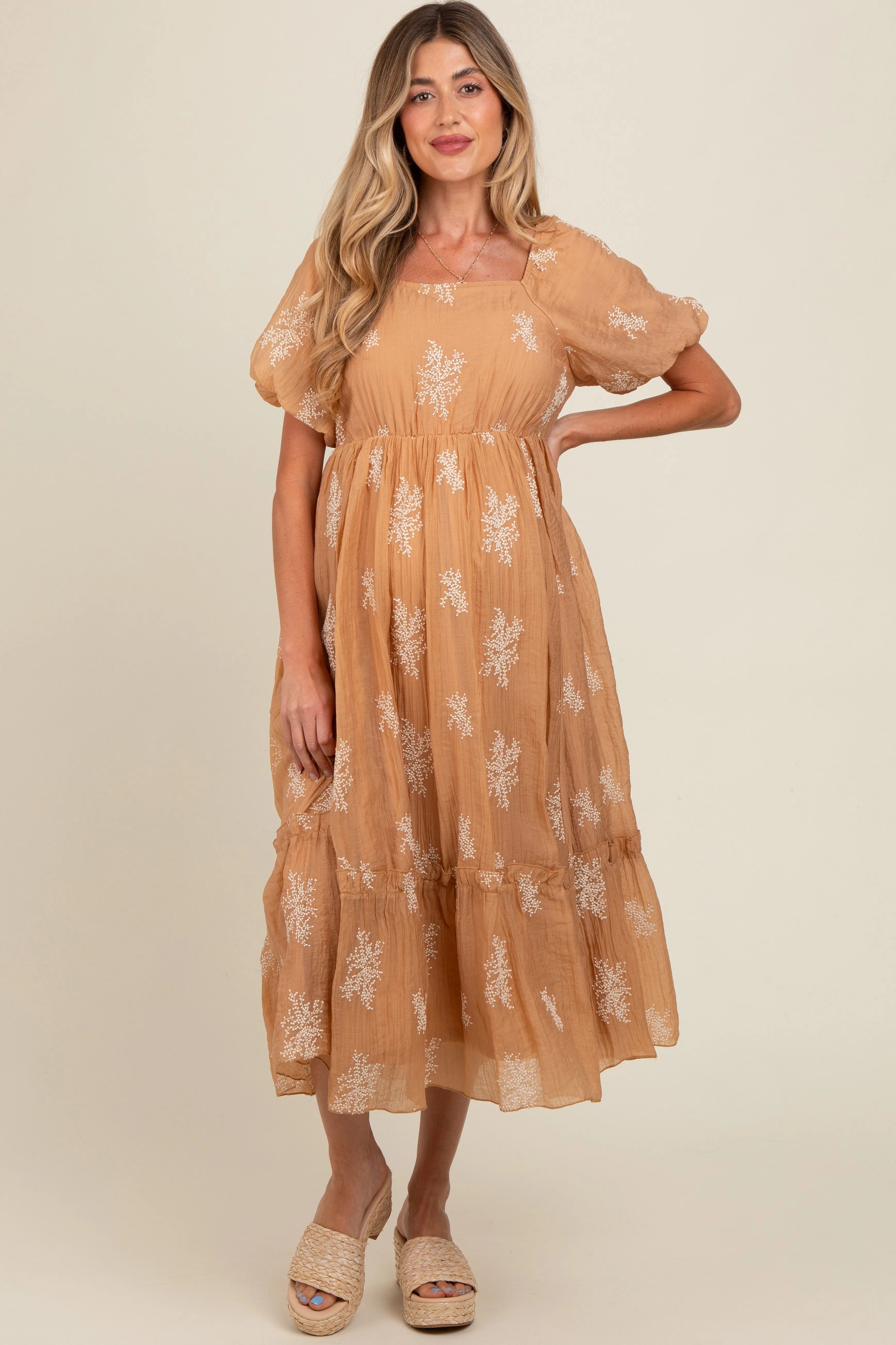 Camel Floral Print Ruffle Hem Maternity Maxi Dress sold by Pinkblush product image thumbnail 2