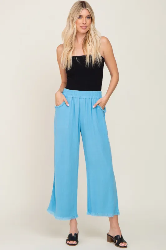 Aqua Blue Linen Frayed Hem Crop Pants sold by Pinkblush