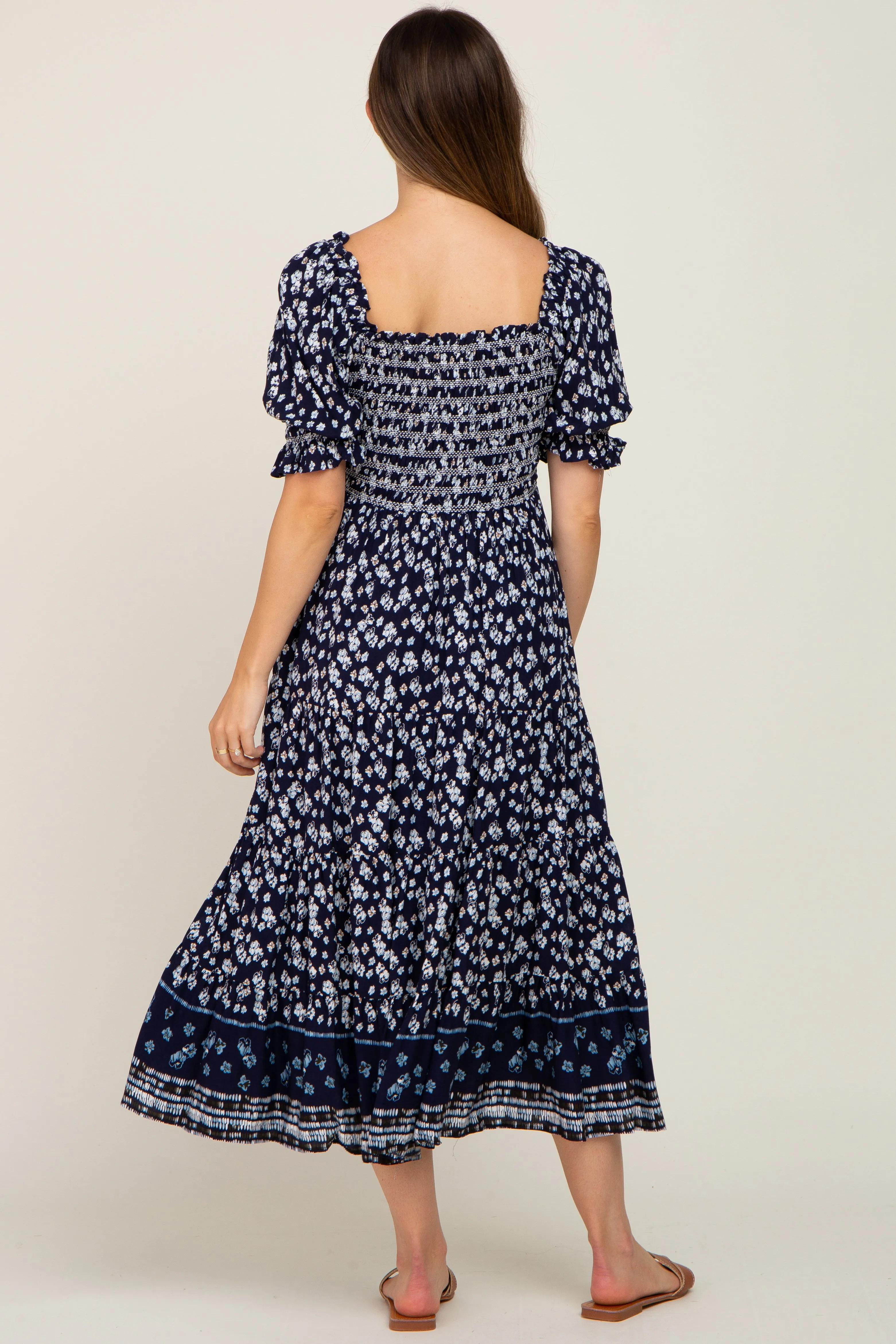 Navy Blue Floral Smocked Embroidered Square Neck Maternity Midi Dress sold by Pinkblush product image thumbnail 3