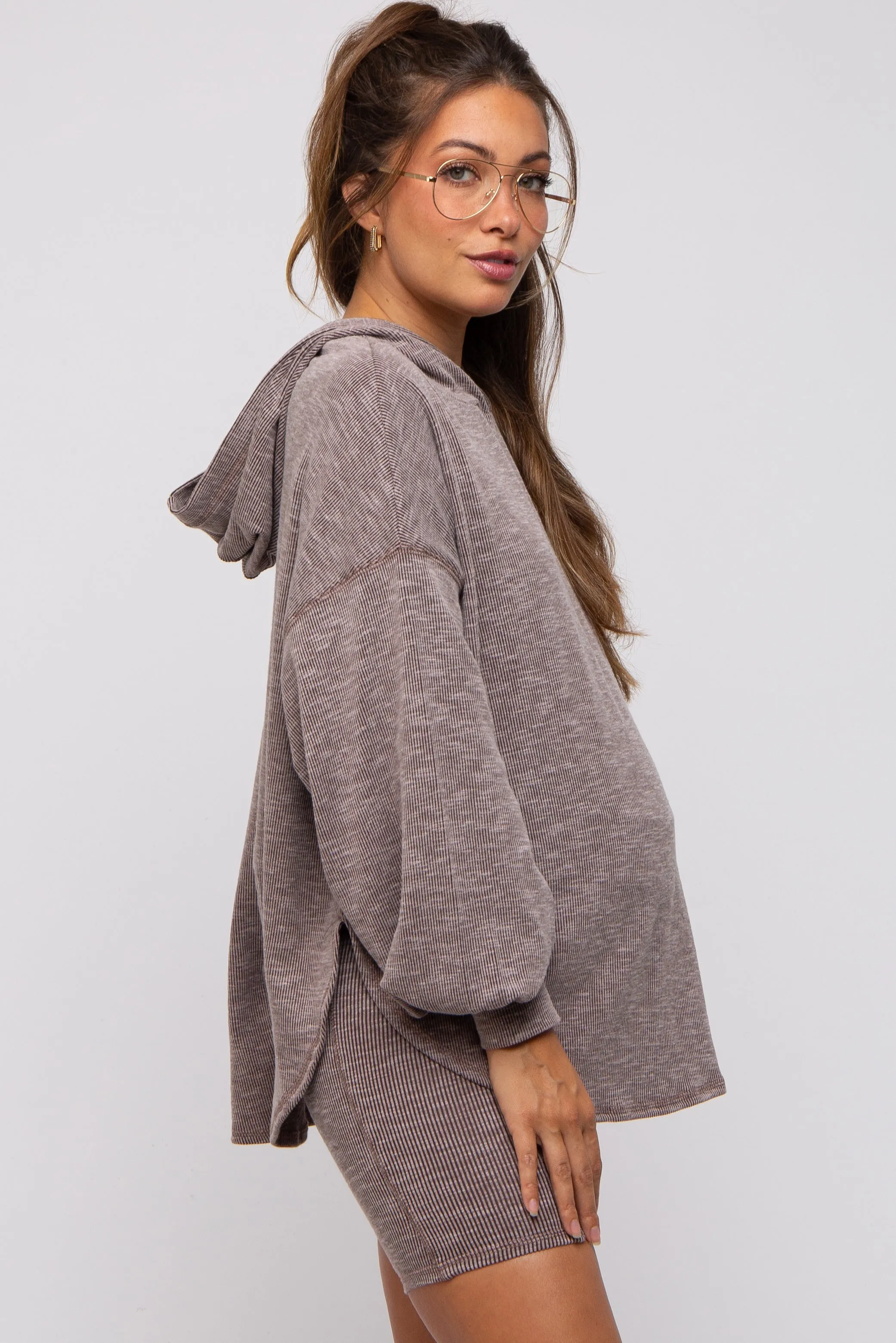Brown Ribbed Maternity Hooded Biker Short Set sold by Pinkblush product image thumbnail 2