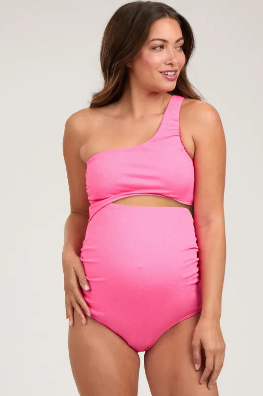 Fuchsia Asymmetrical One Shoulder Side Cutout One-Piece Maternity Swimsuit sold by Pinkblush