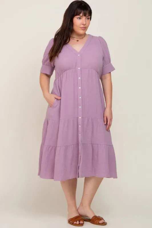 Lavender Button Down Short Sleeve Plus Dress sold by Pinkblush
