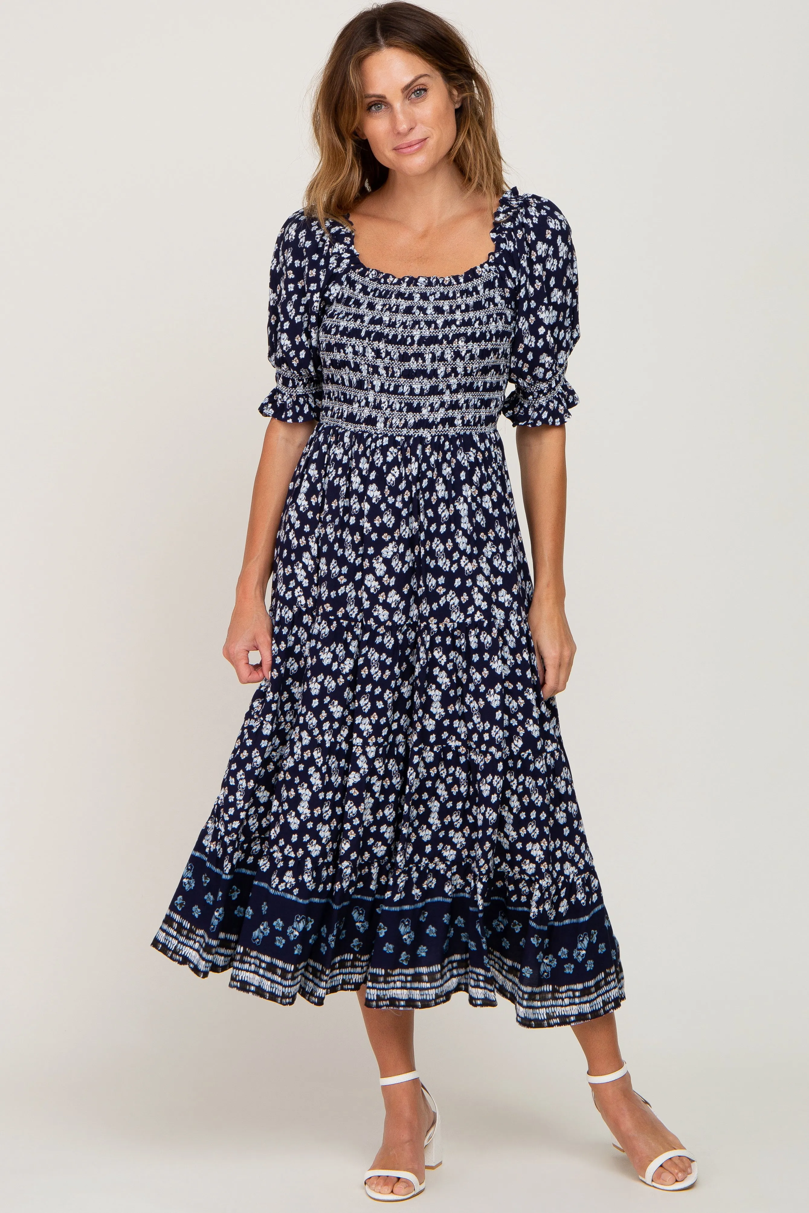 Navy Blue Floral Smocked Embroidered Square Neck Maternity Midi Dress sold by Pinkblush product image thumbnail 4