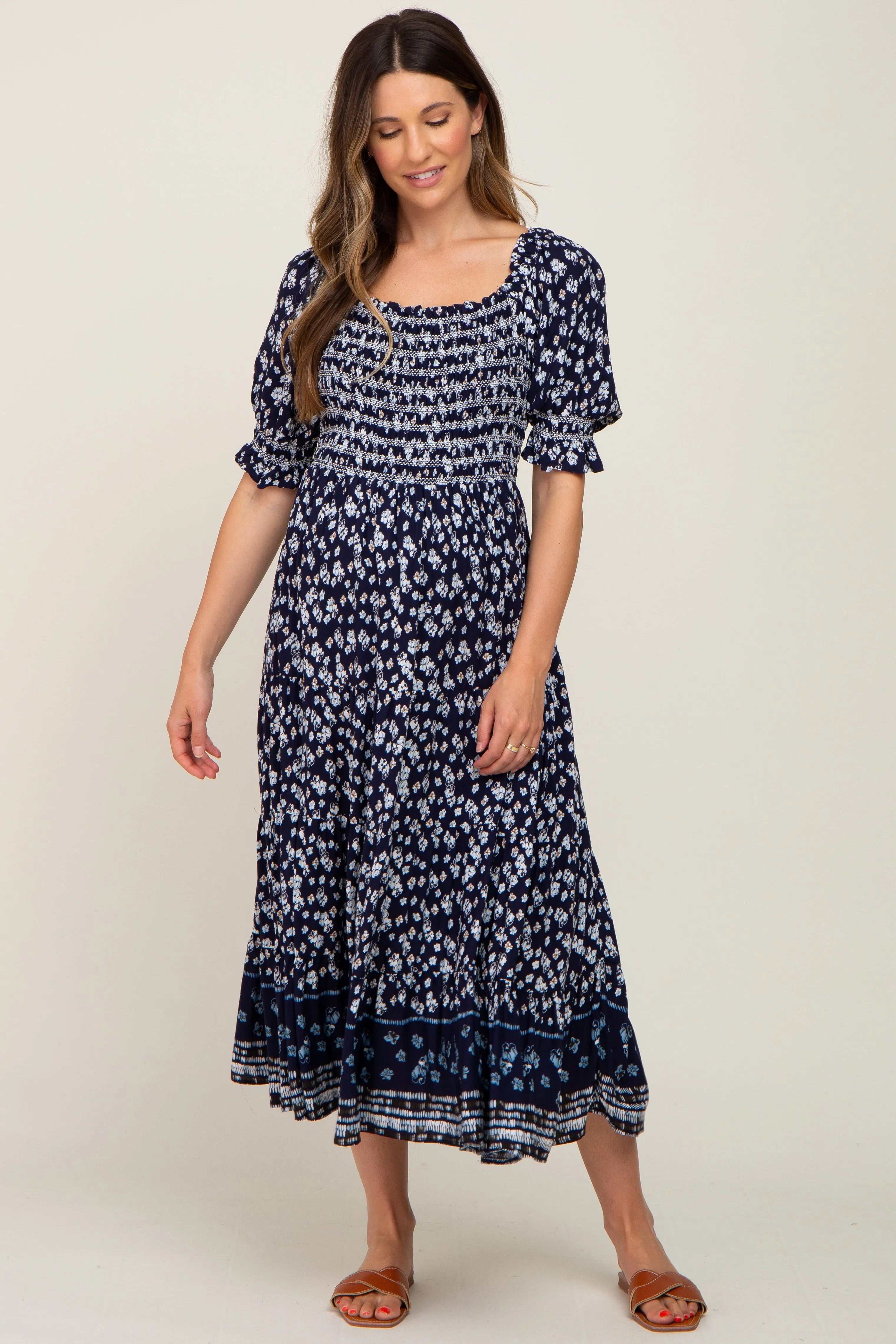 Navy Blue Floral Smocked Embroidered Square Neck Maternity Midi Dress sold by Pinkblush