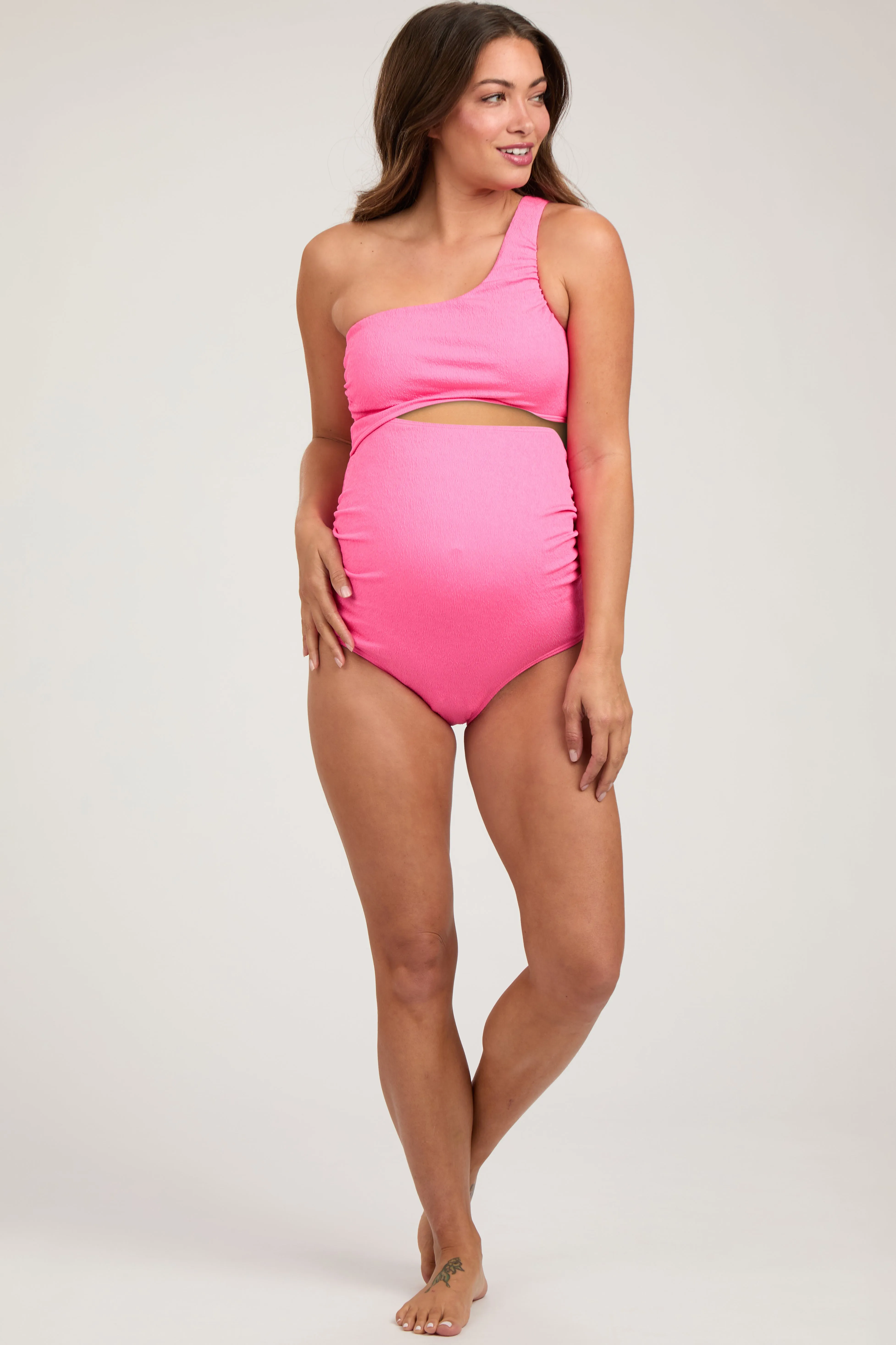 Fuchsia Asymmetrical One Shoulder Side Cutout One-Piece Maternity Swimsuit sold by Pinkblush product image thumbnail 2