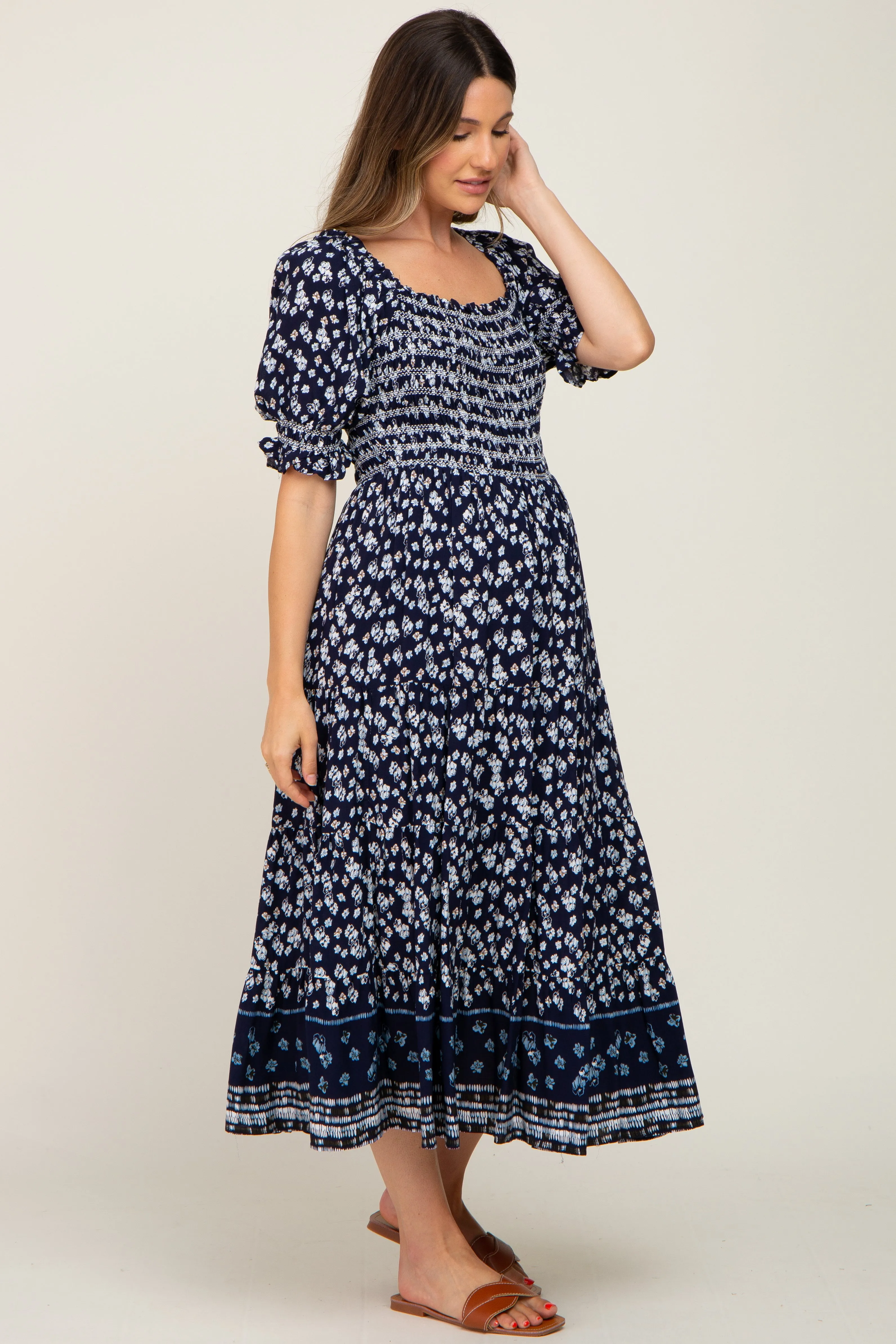 Navy Blue Floral Smocked Embroidered Square Neck Maternity Midi Dress sold by Pinkblush product image thumbnail 2