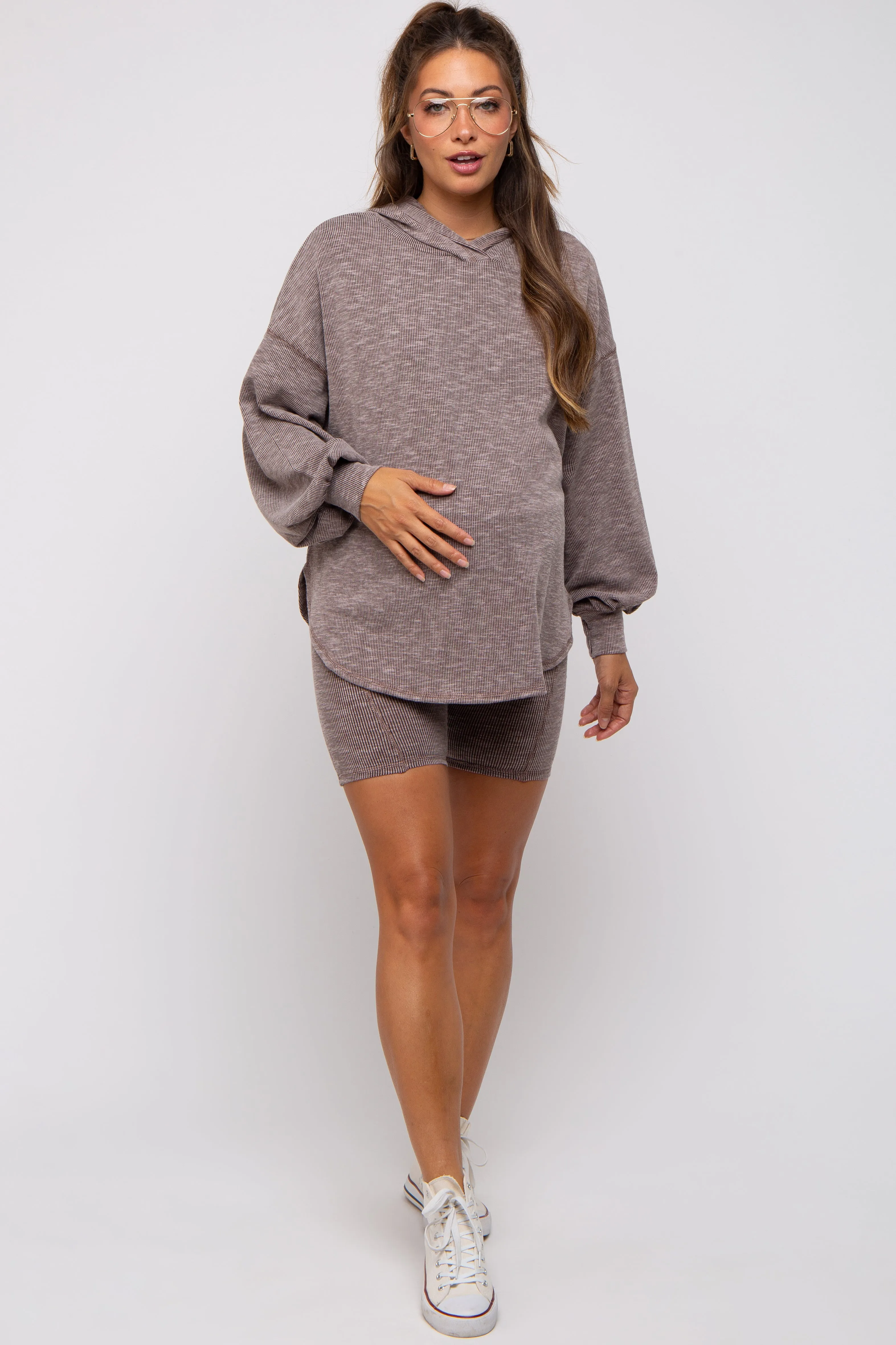 Brown Ribbed Maternity Hooded Biker Short Set sold by Pinkblush product image thumbnail 4