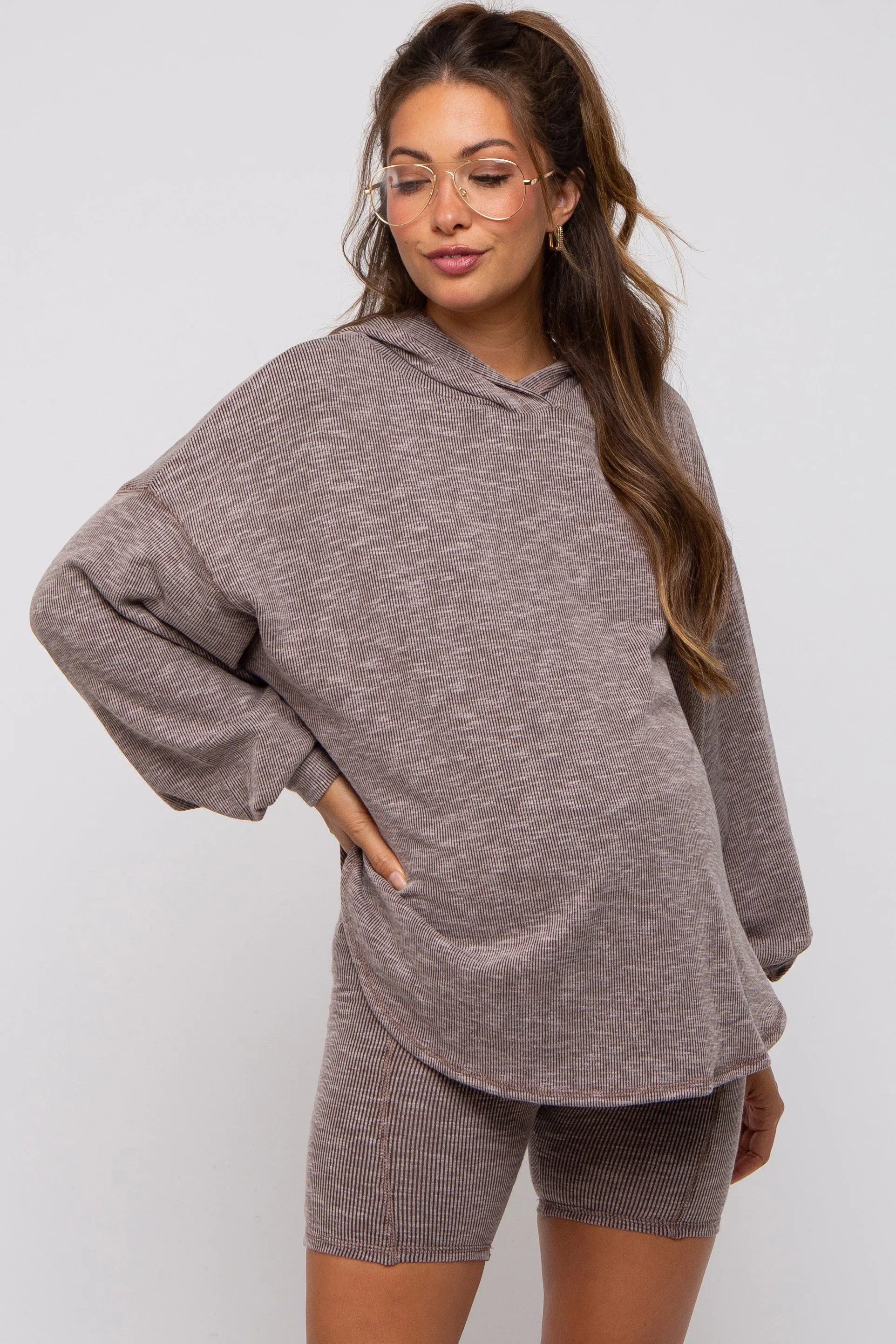 Brown Ribbed Maternity Hooded Biker Short Set sold by Pinkblush