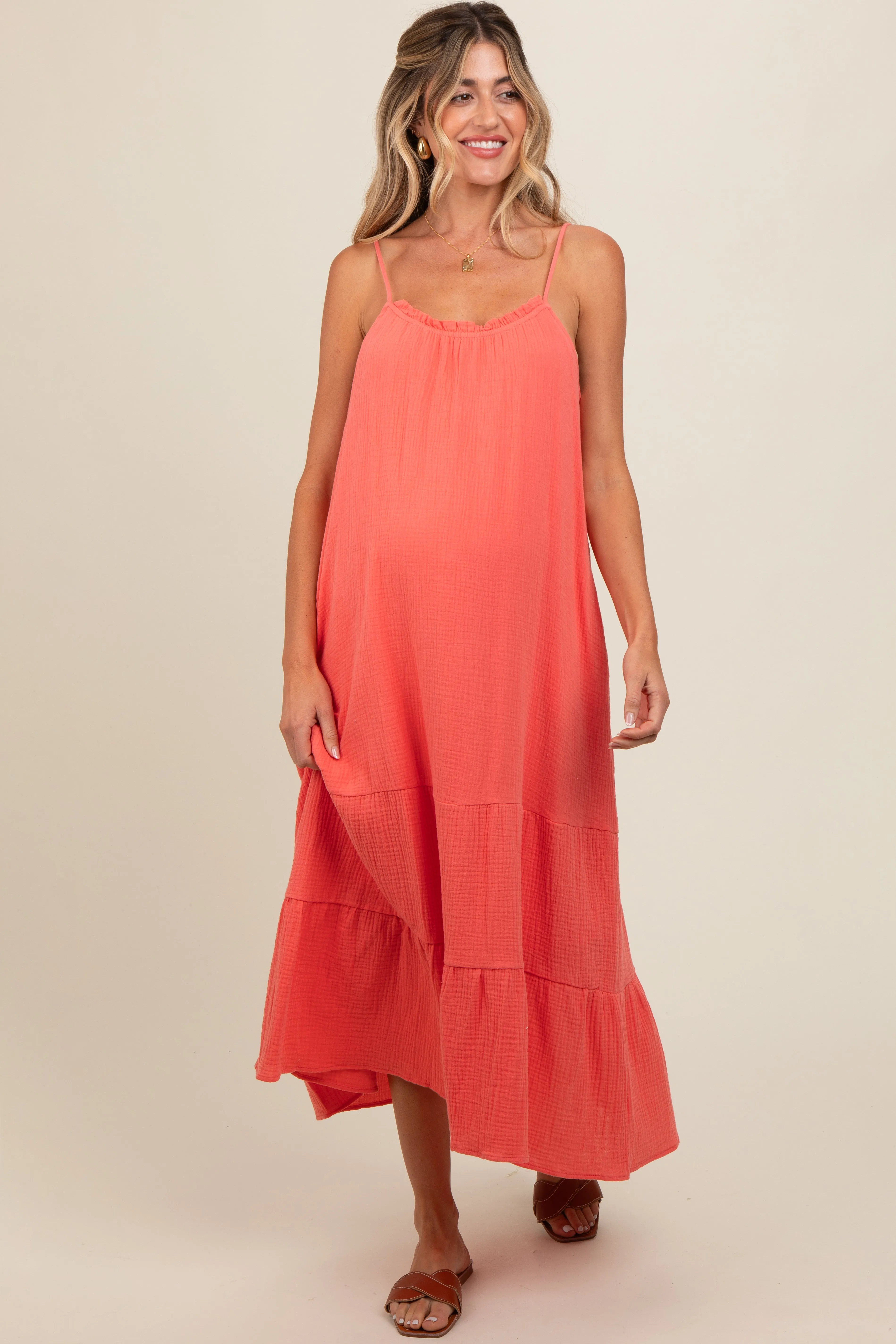 Coral Tiered Hem Maternity Midi Dress sold by Pinkblush product image thumbnail 2