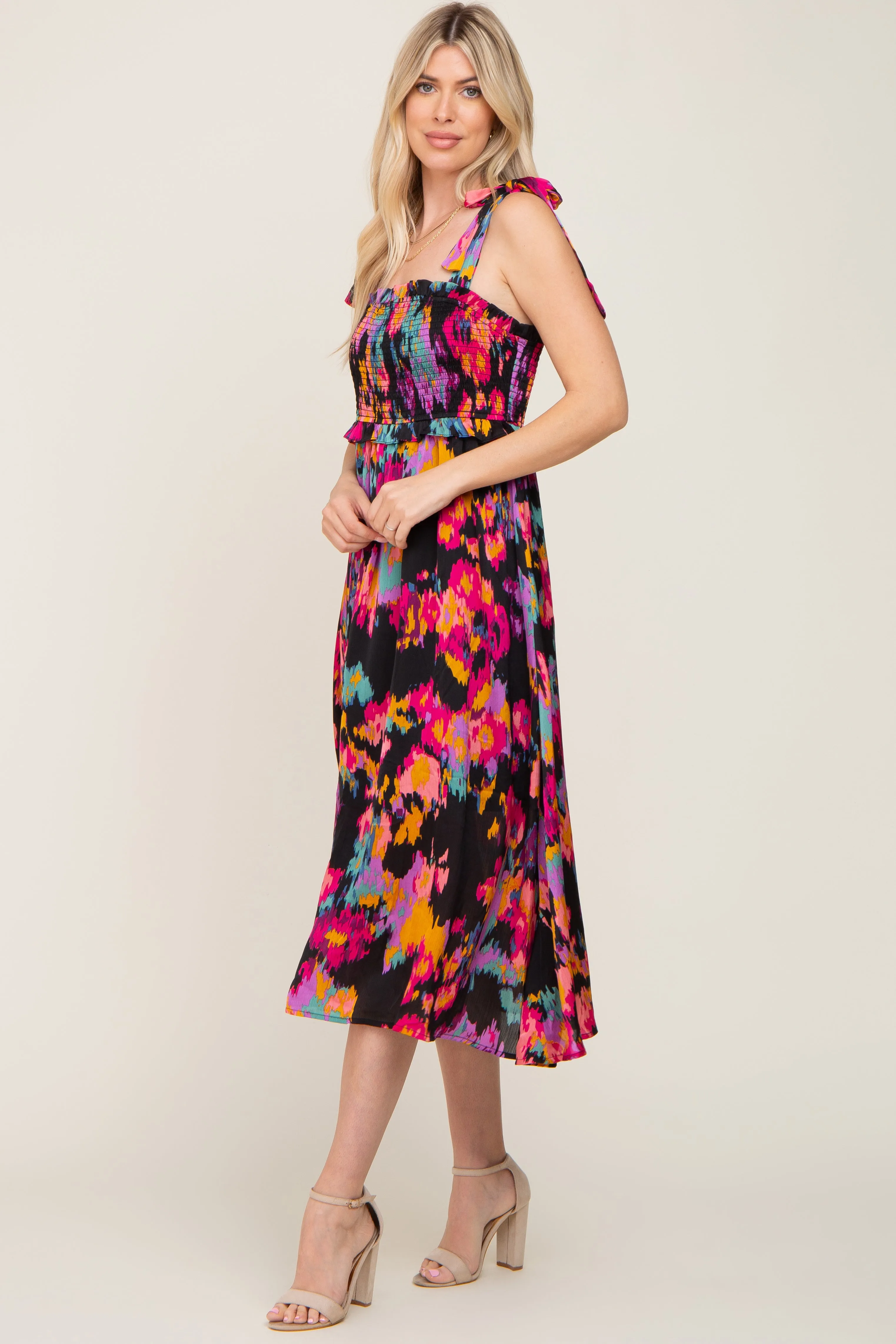 Black Printed Satin Smocked Midi Dress sold by Pinkblush product image thumbnail 2