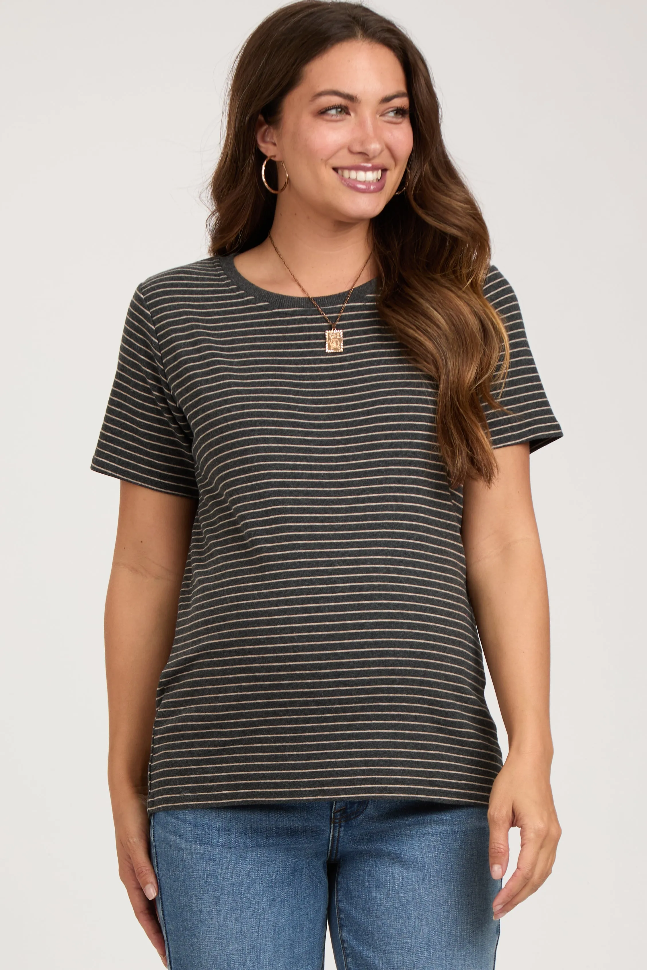 Charcoal Striped Short Sleeve Maternity Top sold by Pinkblush