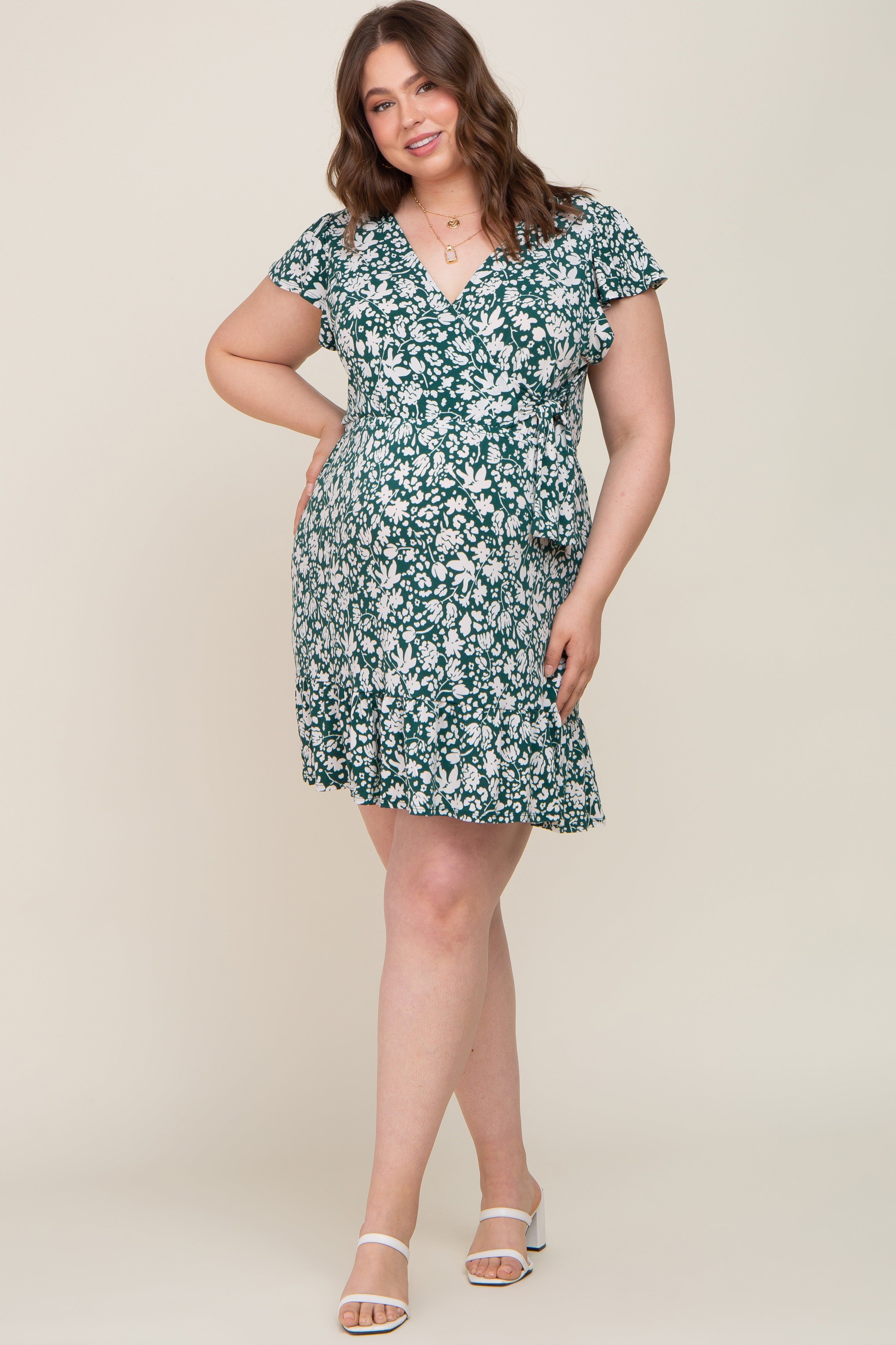 Teal Floral Wrap Front Flutter Sleeve Maternity Plus Dress sold by Pinkblush product image thumbnail 6