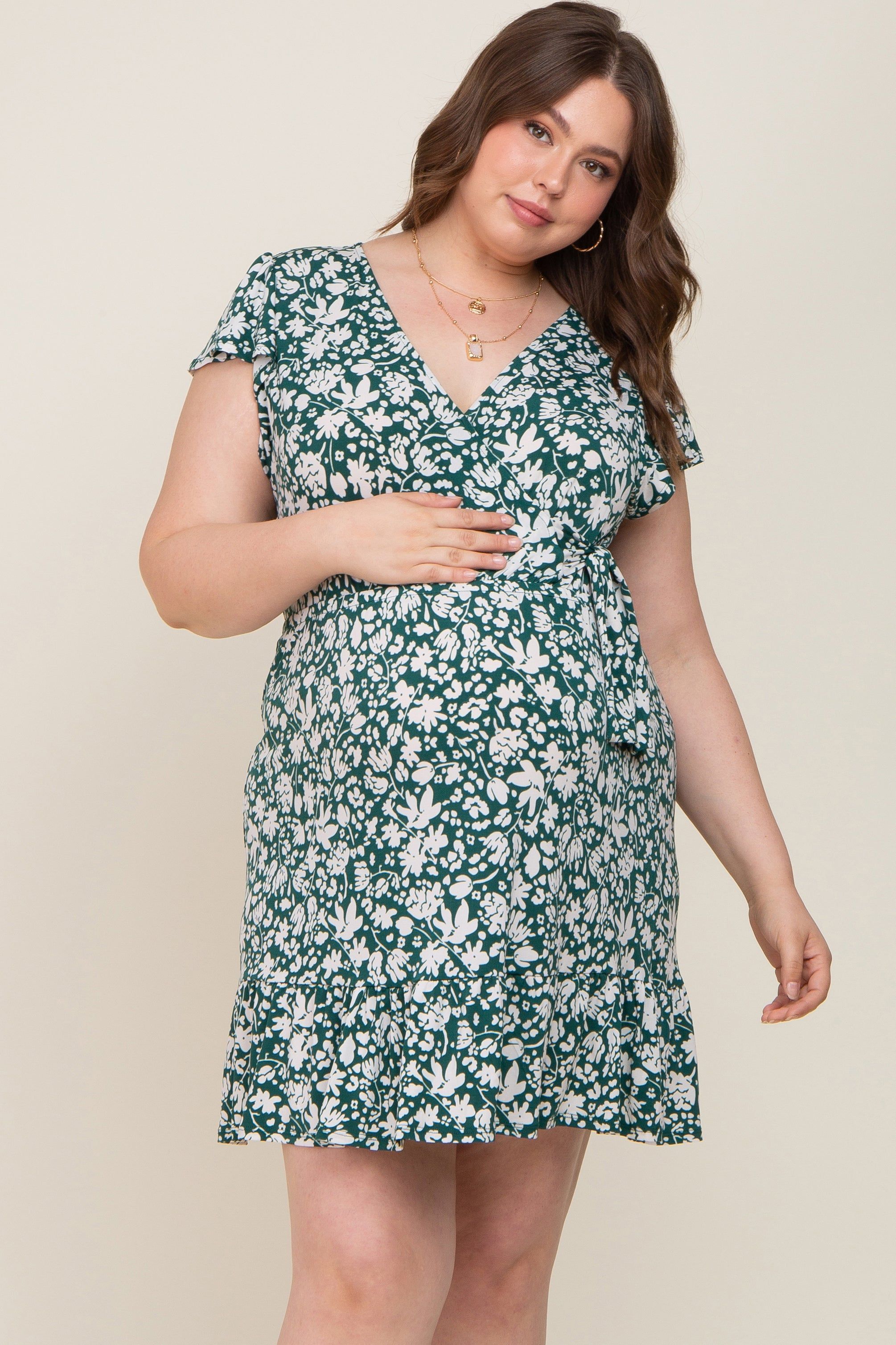 Teal Floral Wrap Front Flutter Sleeve Maternity Plus Dress sold by Pinkblush product image thumbnail 3