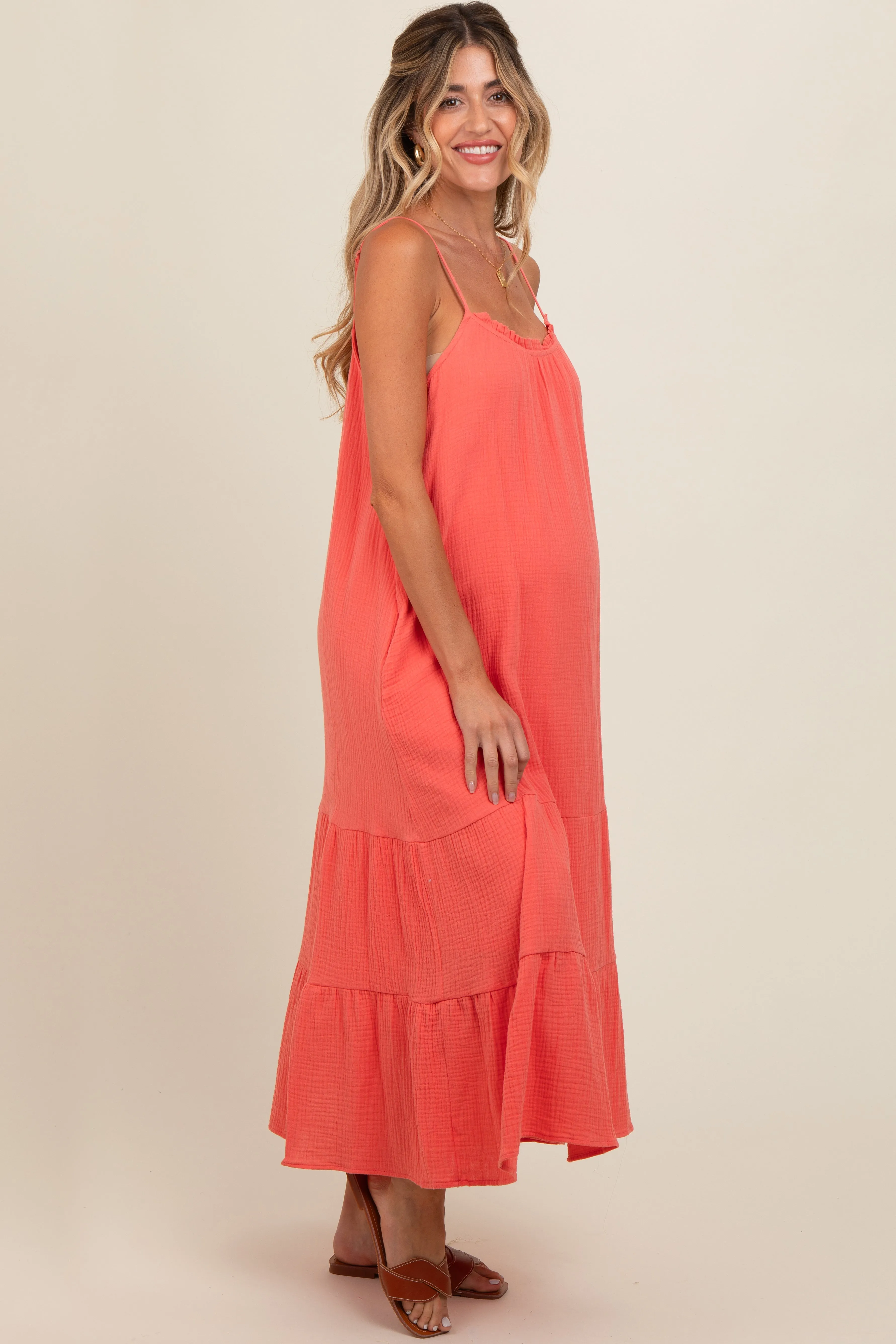 Coral Tiered Hem Maternity Midi Dress sold by Pinkblush product image thumbnail 3