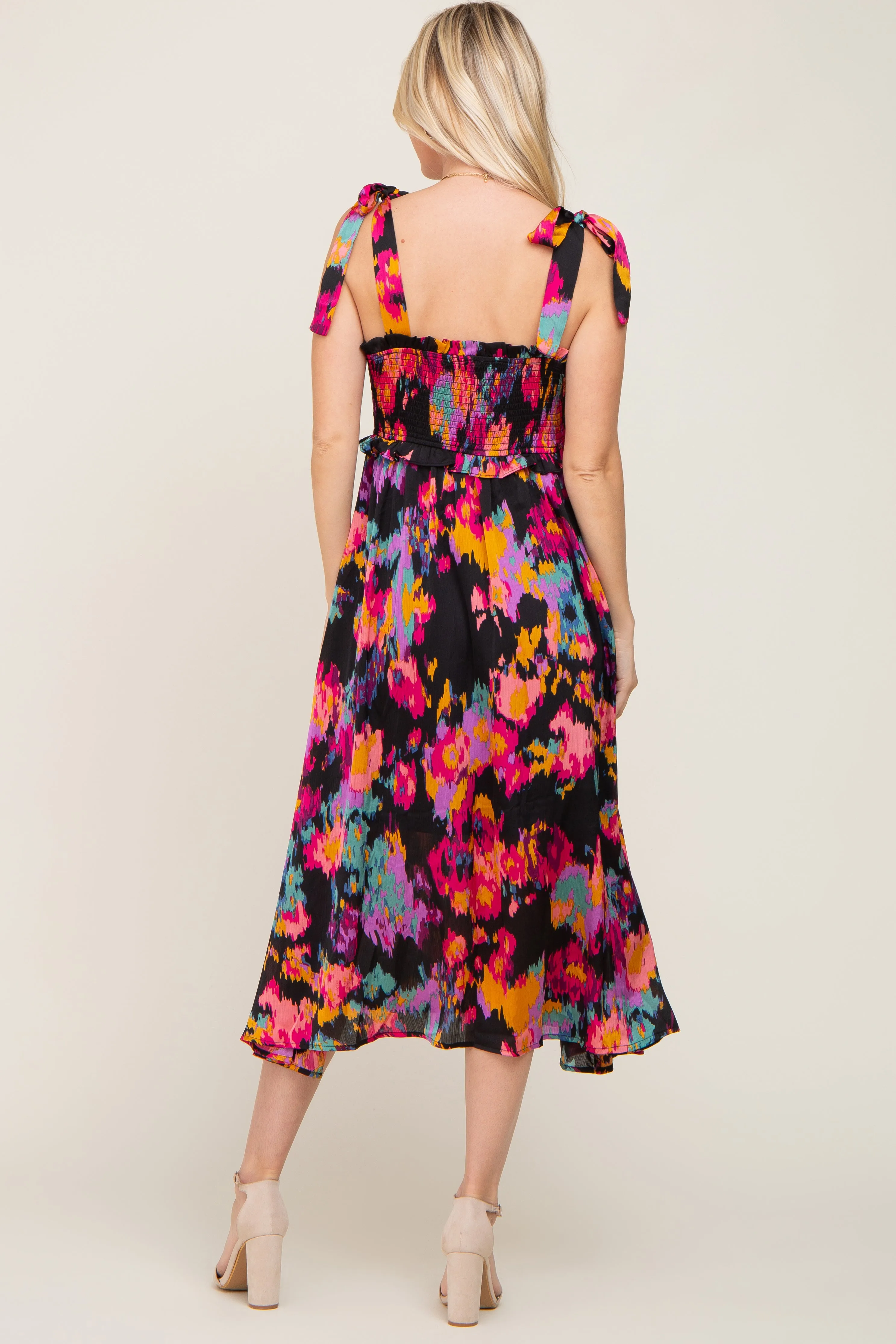 Black Printed Satin Smocked Midi Dress sold by Pinkblush product image thumbnail 3