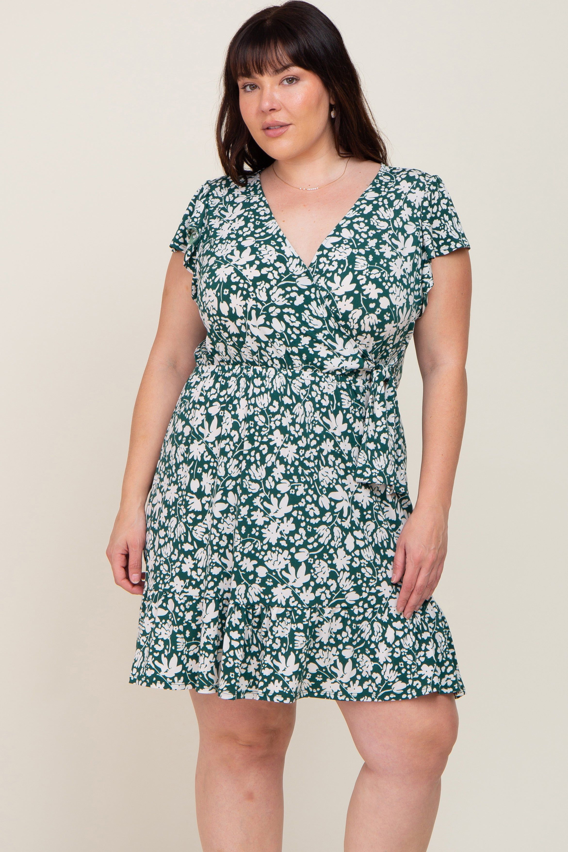 Teal Floral Wrap Front Flutter Sleeve Maternity Plus Dress sold by Pinkblush product image thumbnail 7