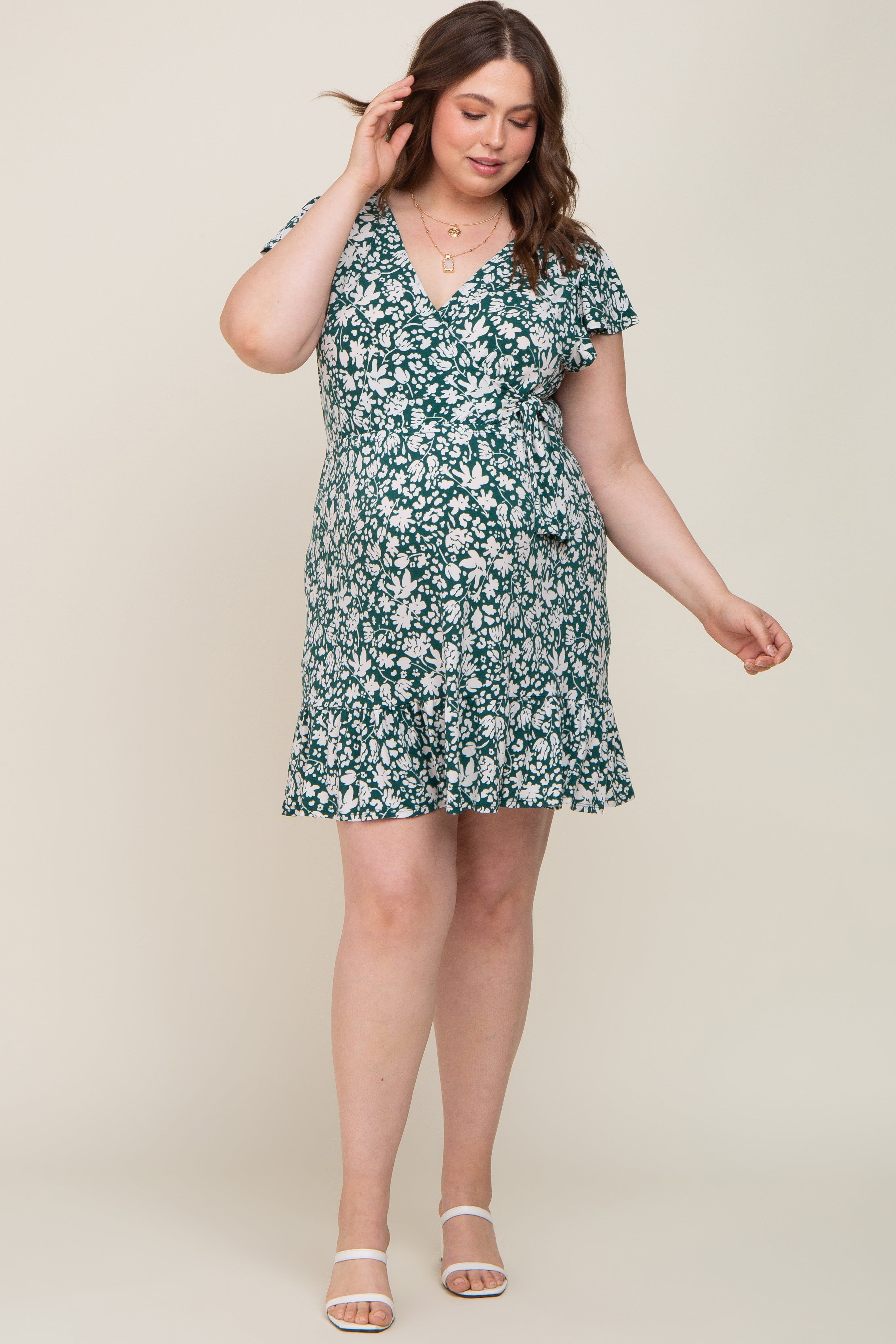 Teal Floral Wrap Front Flutter Sleeve Maternity Plus Dress sold by Pinkblush