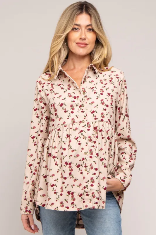 Cream Floral Corduroy Button Up Maternity Top sold by Pinkblush