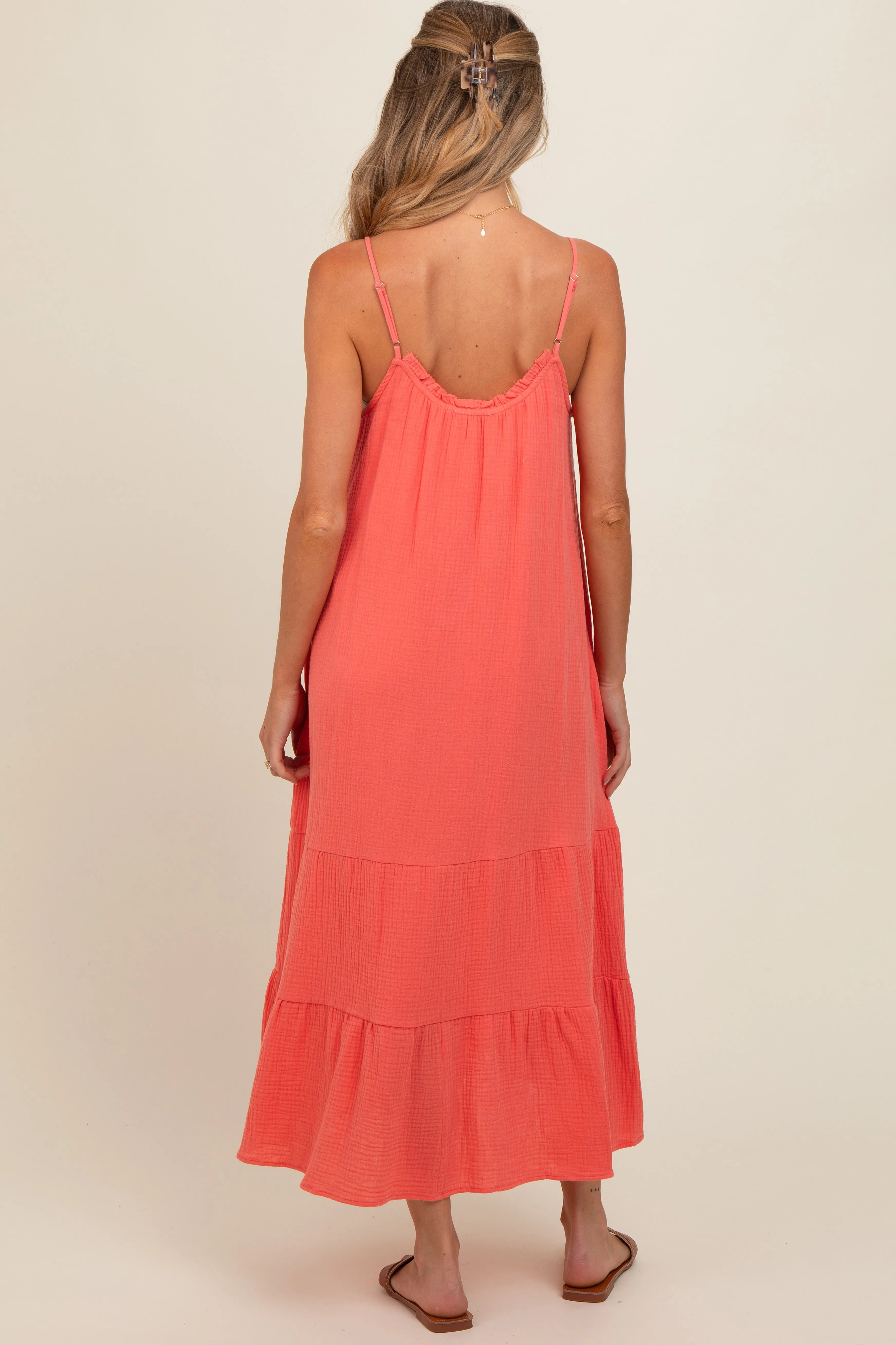 Coral Tiered Hem Maternity Midi Dress sold by Pinkblush product image thumbnail 4