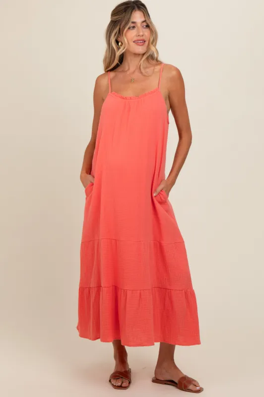 Coral Tiered Hem Maternity Midi Dress sold by Pinkblush