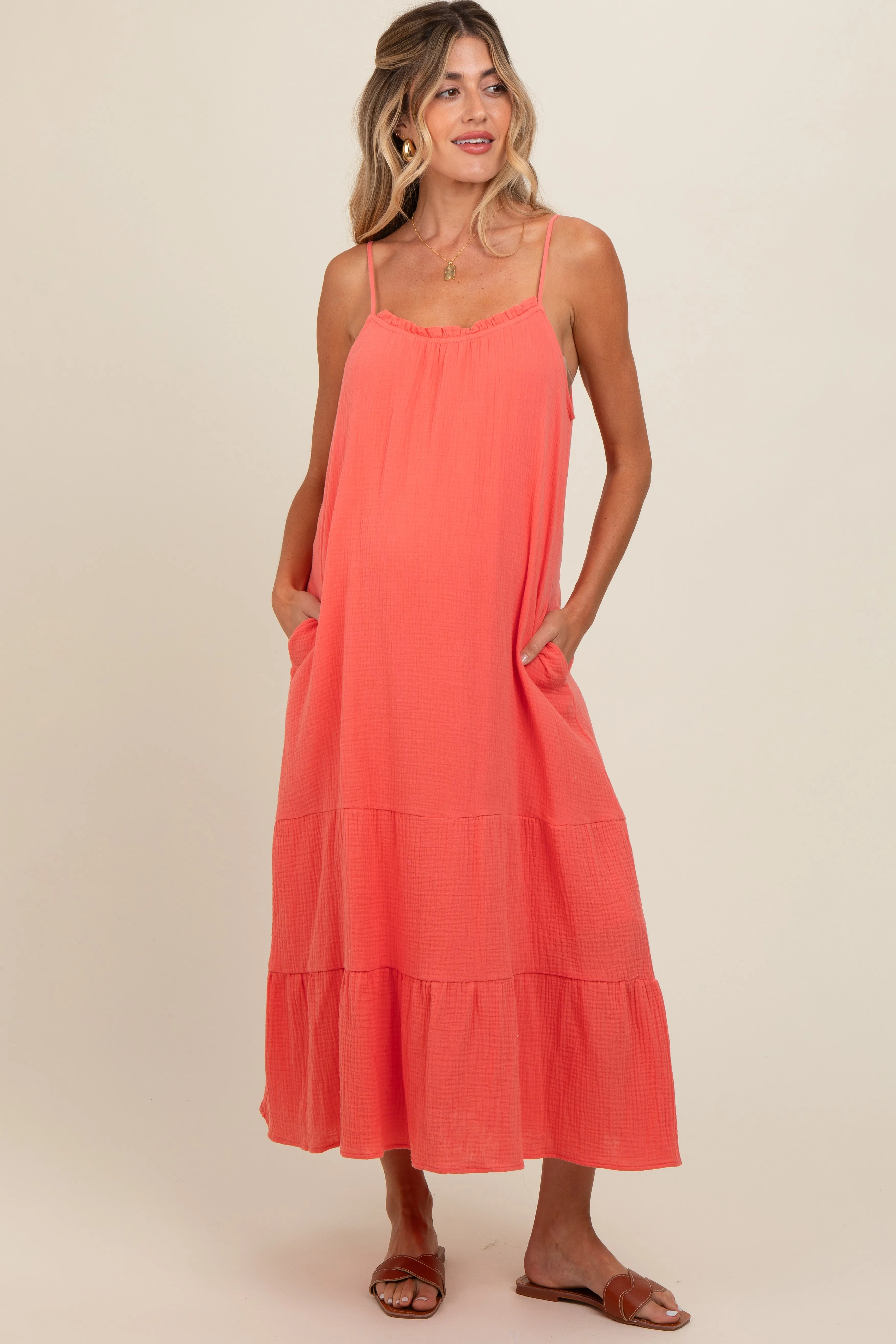Coral Tiered Hem Maternity Midi Dress sold by Pinkblush