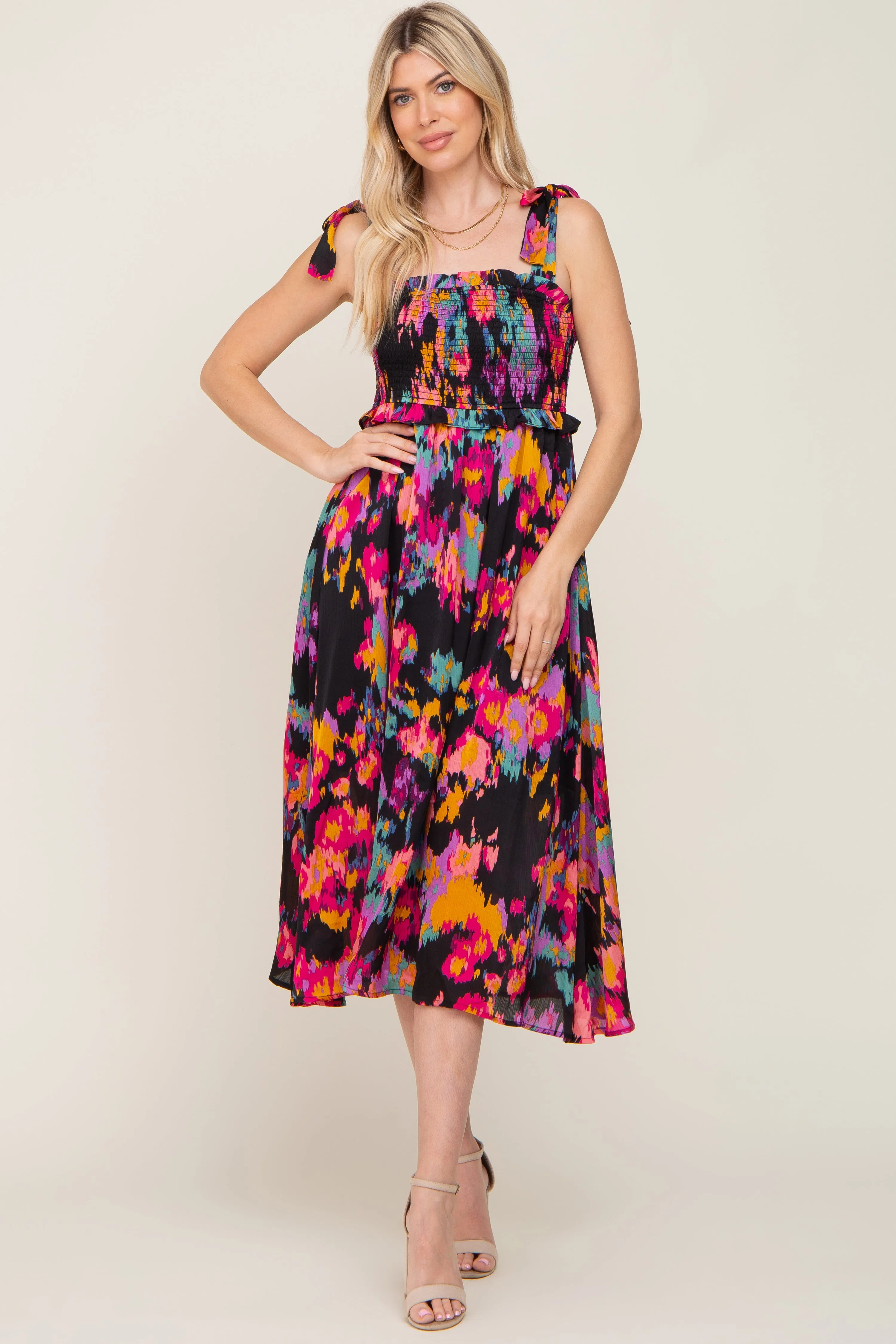 Black Printed Satin Smocked Midi Dress sold by Pinkblush product image thumbnail 4