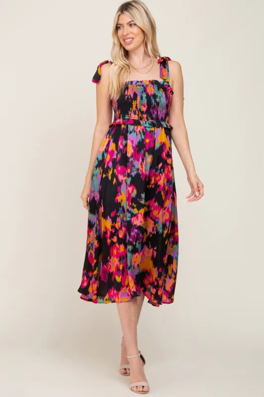 Black Printed Satin Smocked Midi Dress sold by Pinkblush