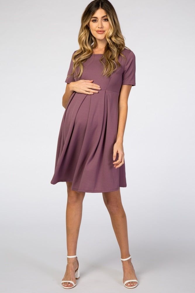 Purple Short Sleeve Front Pleat Maternity Dress sold by Pinkblush