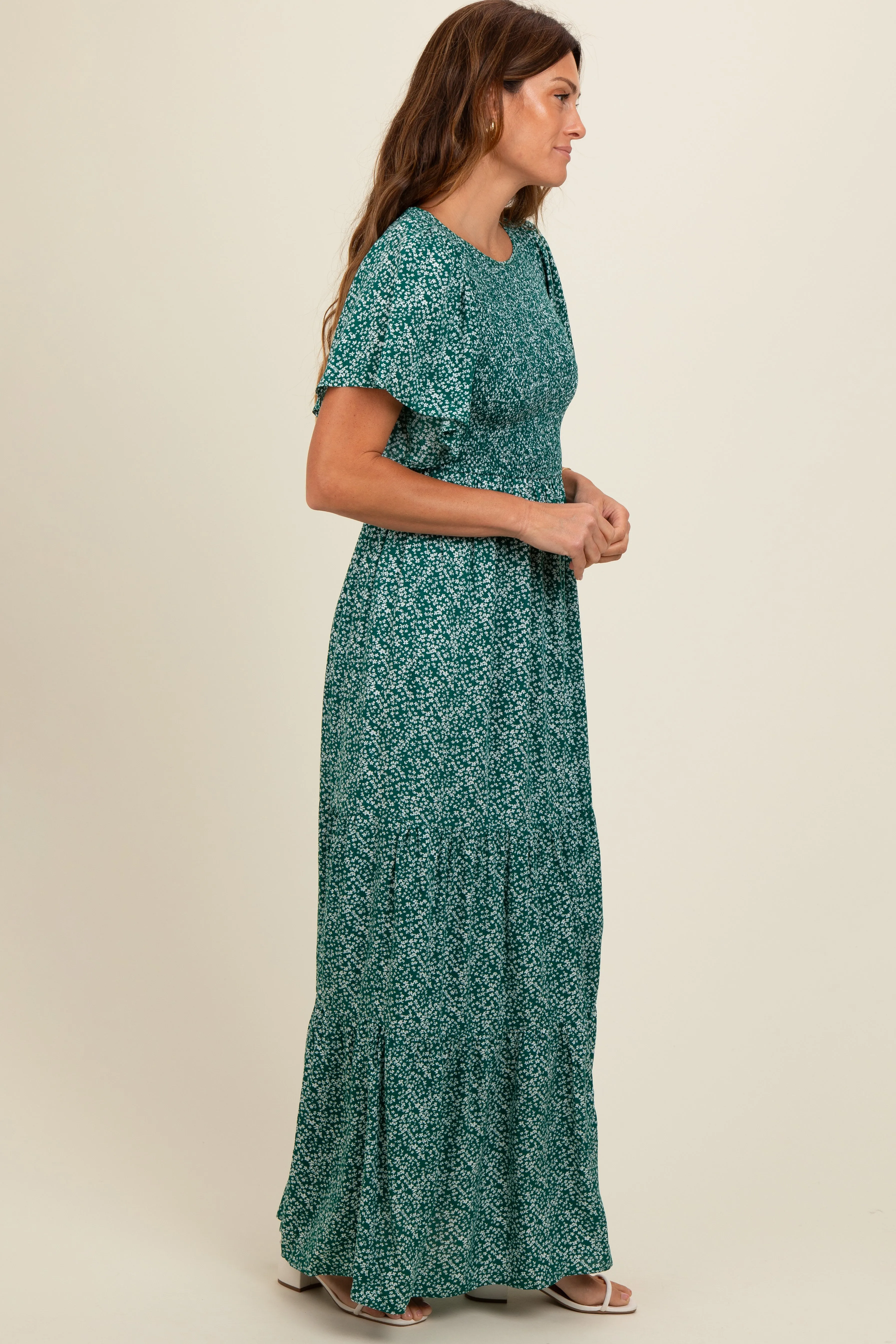 Deep Teal Floral Smocked Flutter Sleeve Maxi Dress sold by Pinkblush product image thumbnail 3