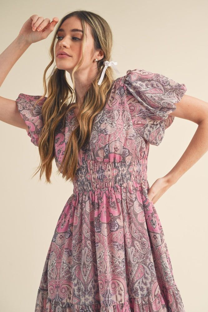 Pink Multi Paisley Bubble Sleeve Midi Dress sold by Pinkblush product image thumbnail 4
