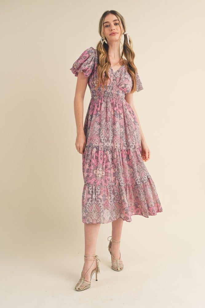 Pink Multi Paisley Bubble Sleeve Midi Dress sold by Pinkblush product image thumbnail 2
