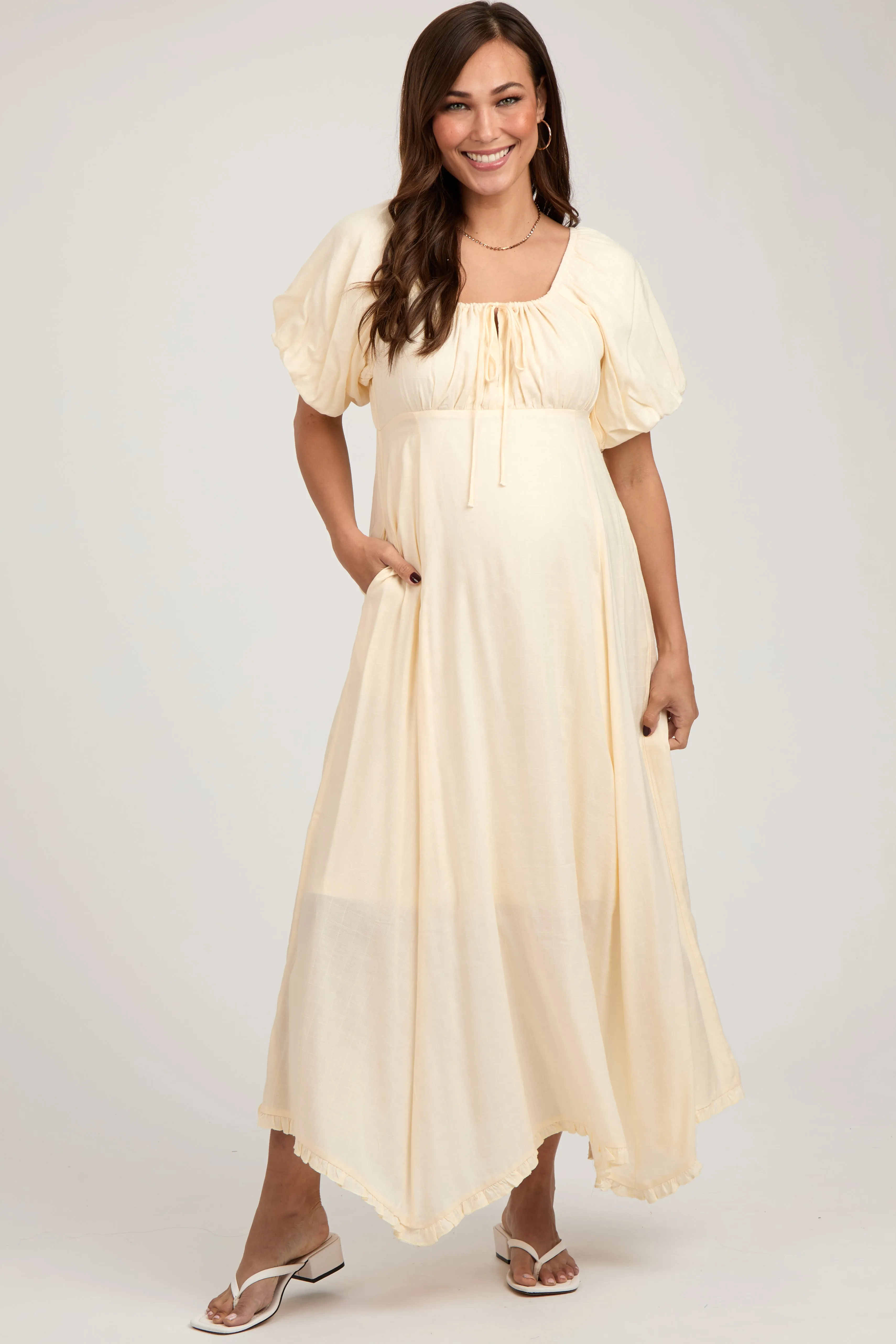 Cream Front Tie Puff Sleeve Maternity Maxi Dress sold by Pinkblush