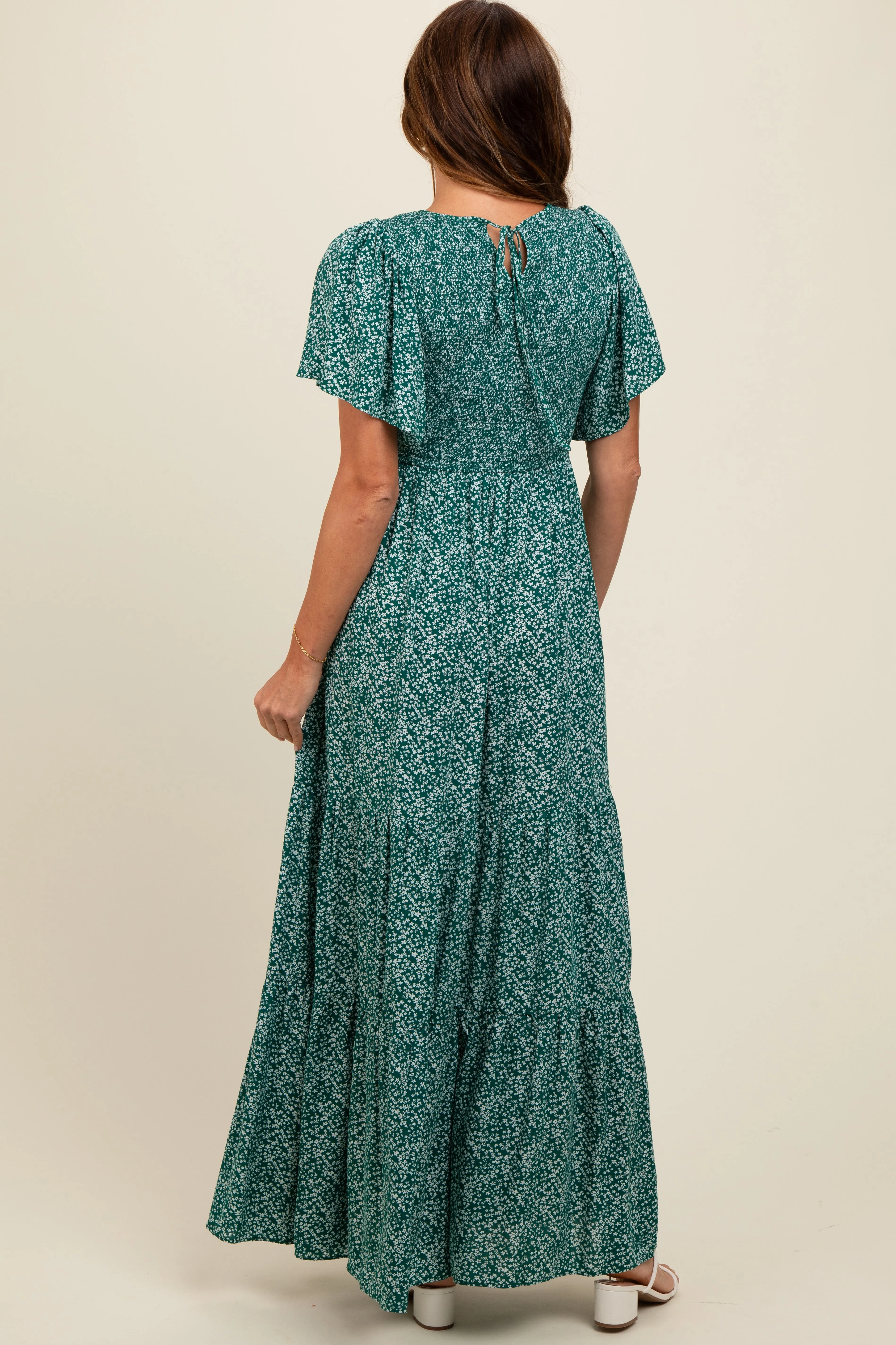 Deep Teal Floral Smocked Flutter Sleeve Maxi Dress sold by Pinkblush product image thumbnail 4