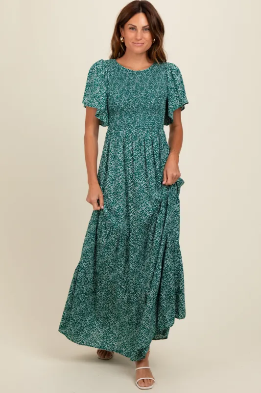 Deep Teal Floral Smocked Flutter Sleeve Maxi Dress sold by Pinkblush