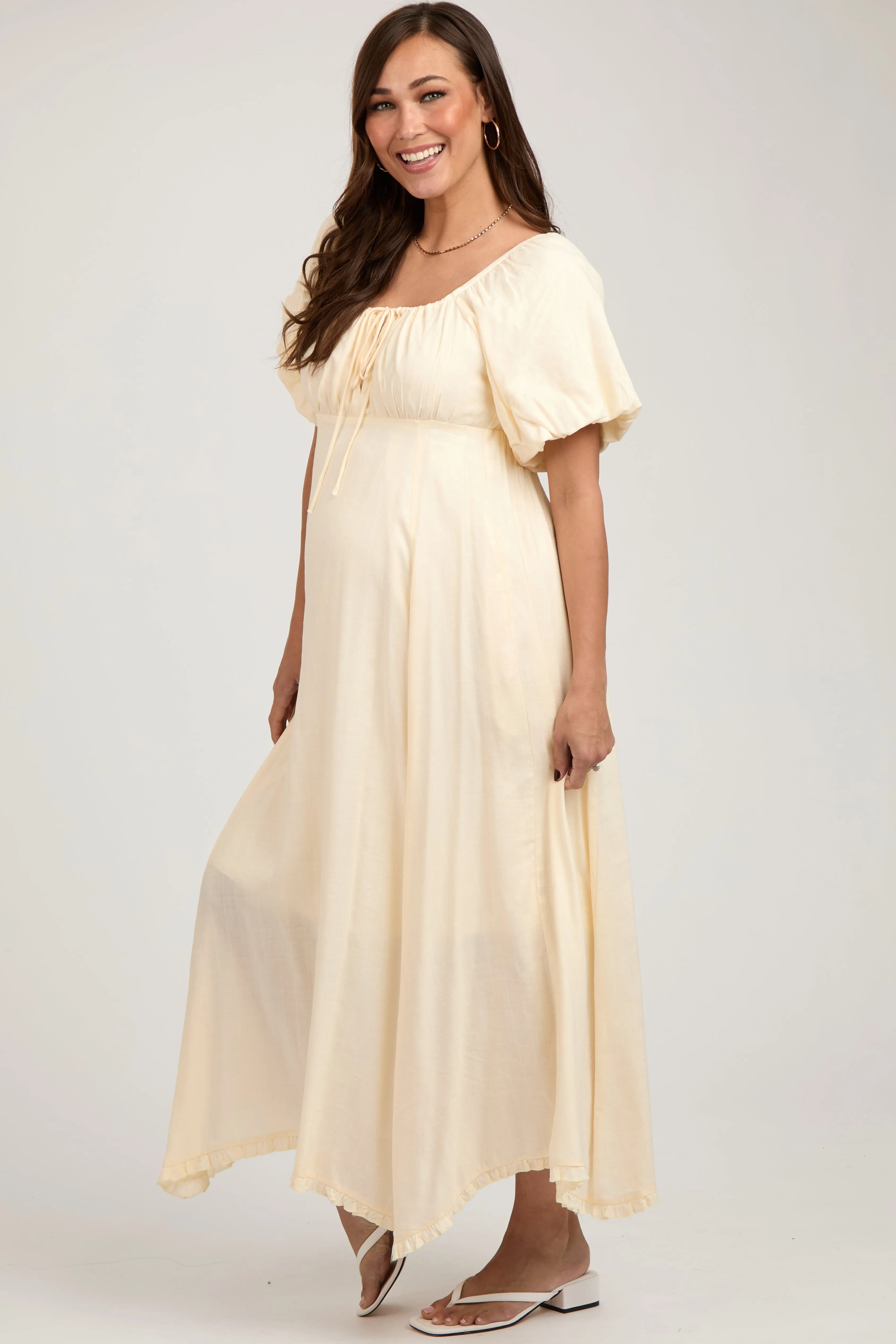 Cream Front Tie Puff Sleeve Maternity Maxi Dress sold by Pinkblush product image thumbnail 2