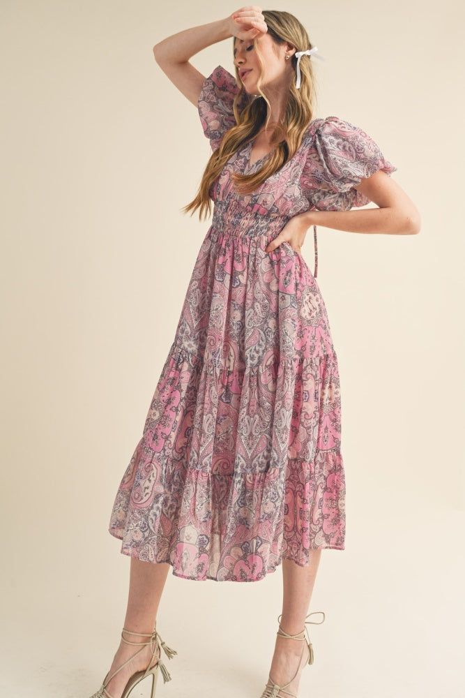 Pink Multi Paisley Bubble Sleeve Midi Dress sold by Pinkblush