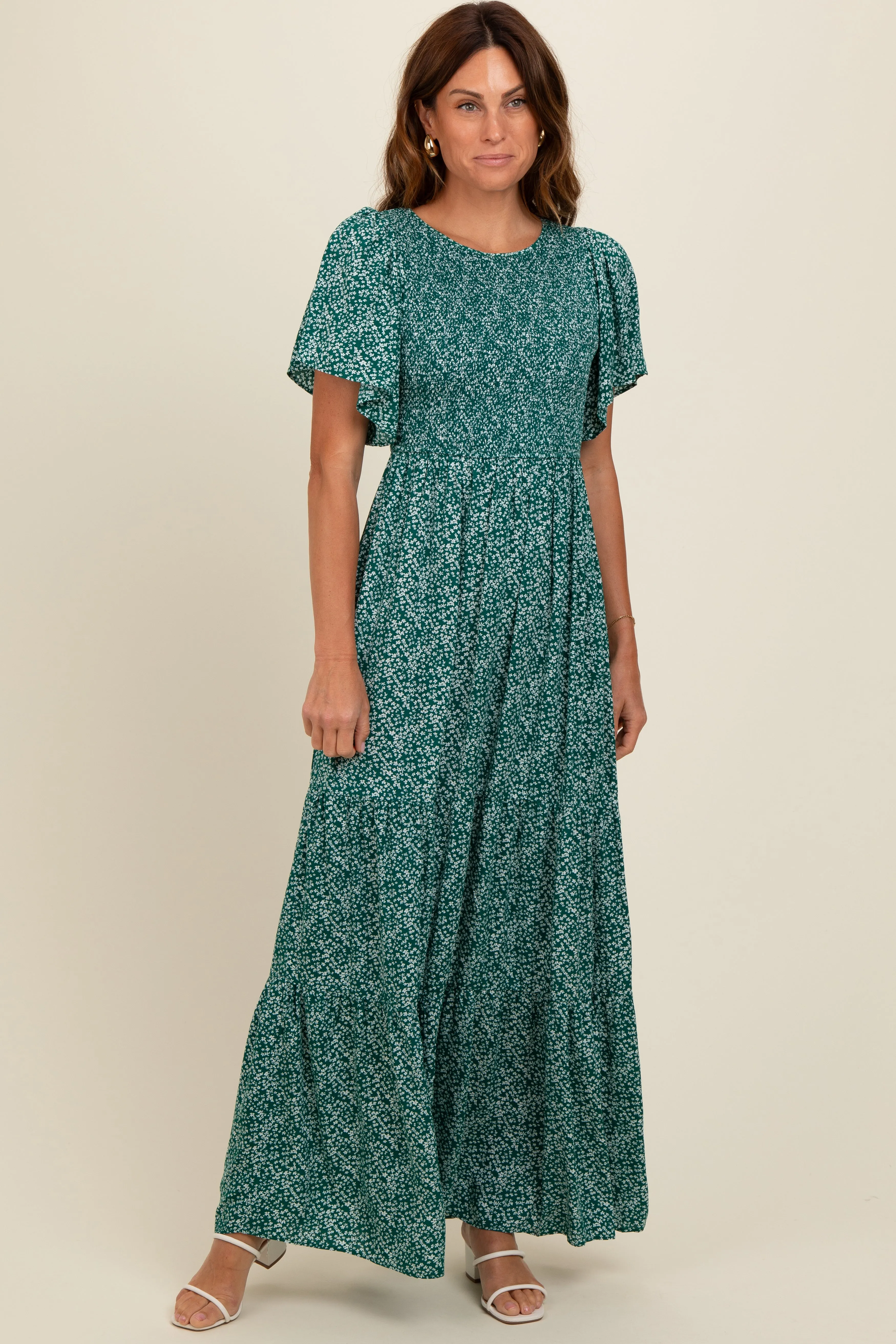 Deep Teal Floral Smocked Flutter Sleeve Maxi Dress sold by Pinkblush product image thumbnail 2
