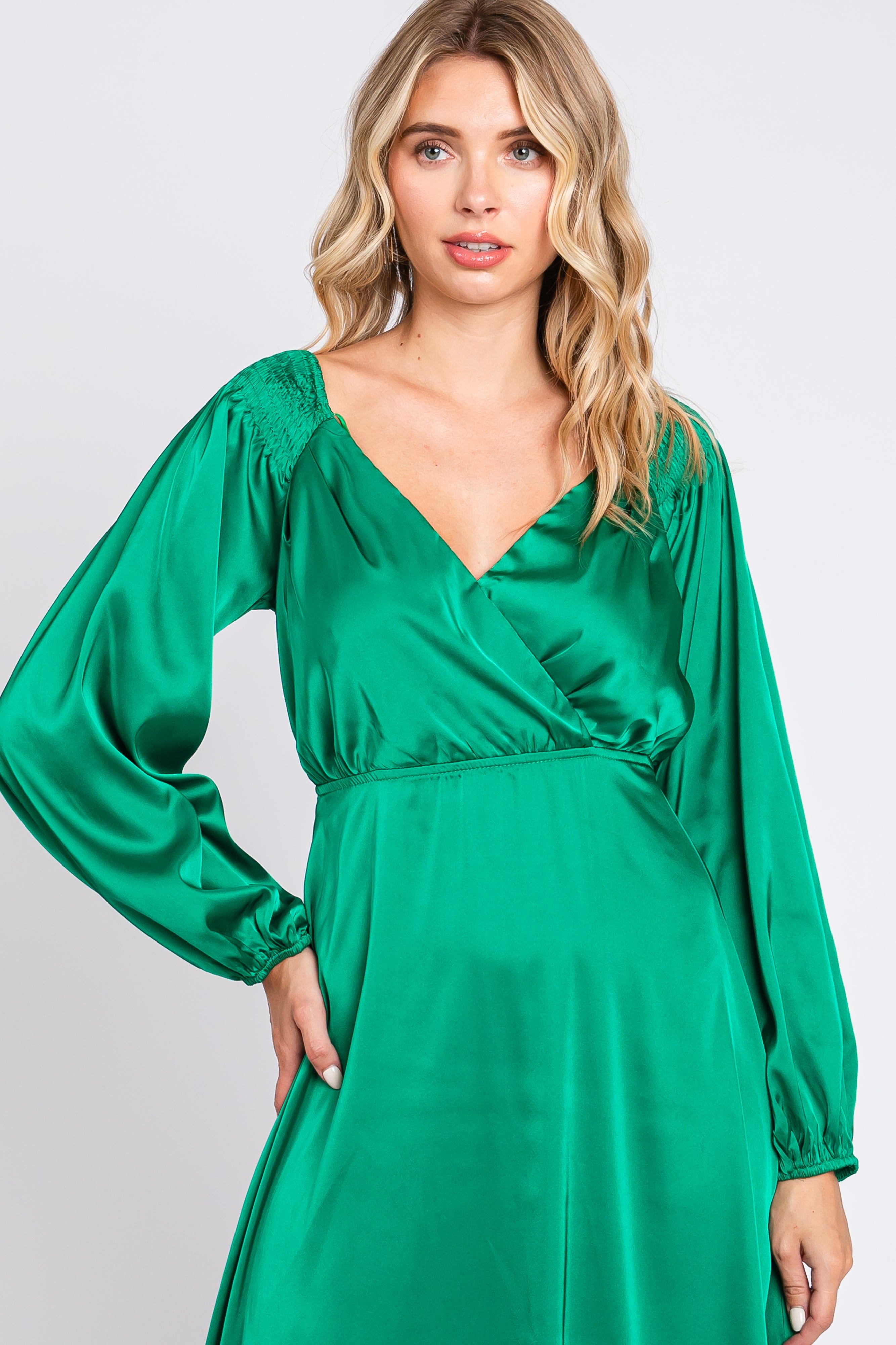 Green Satin Wrap Top Midi Dress sold by Pinkblush product image thumbnail 4