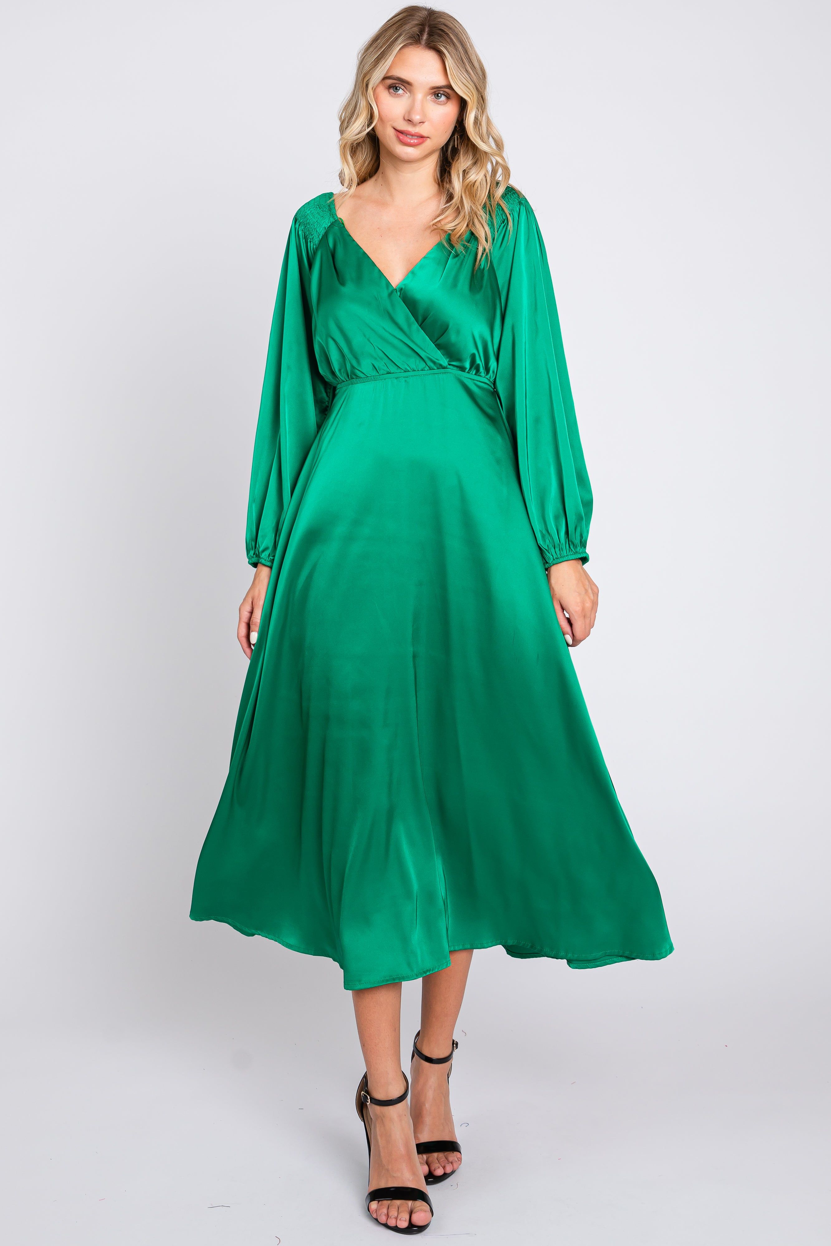 Green Satin Wrap Top Midi Dress sold by Pinkblush