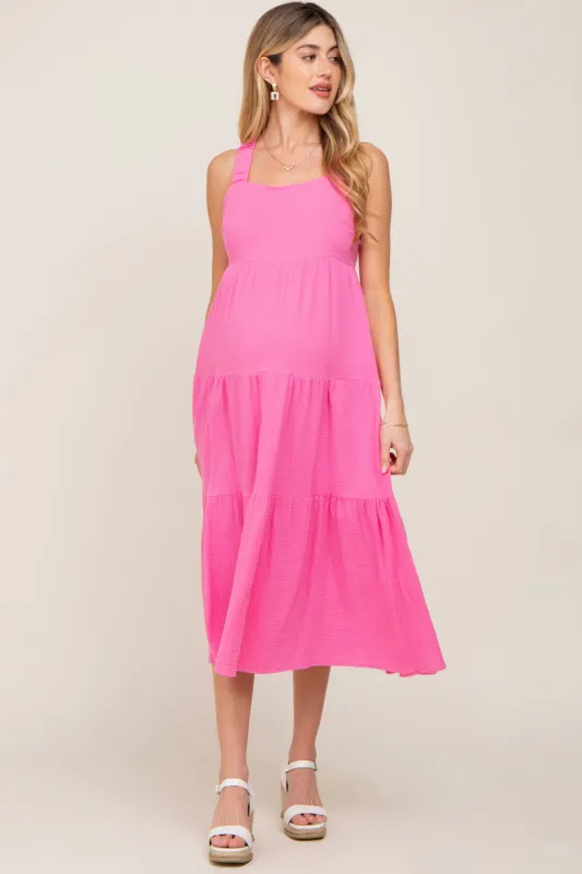 Neon Pink Tiered Crisscross Strap Maternity Midi Dress sold by Pinkblush