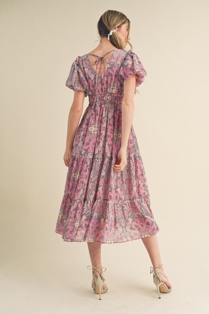 Pink Multi Paisley Bubble Sleeve Midi Dress sold by Pinkblush product image thumbnail 3