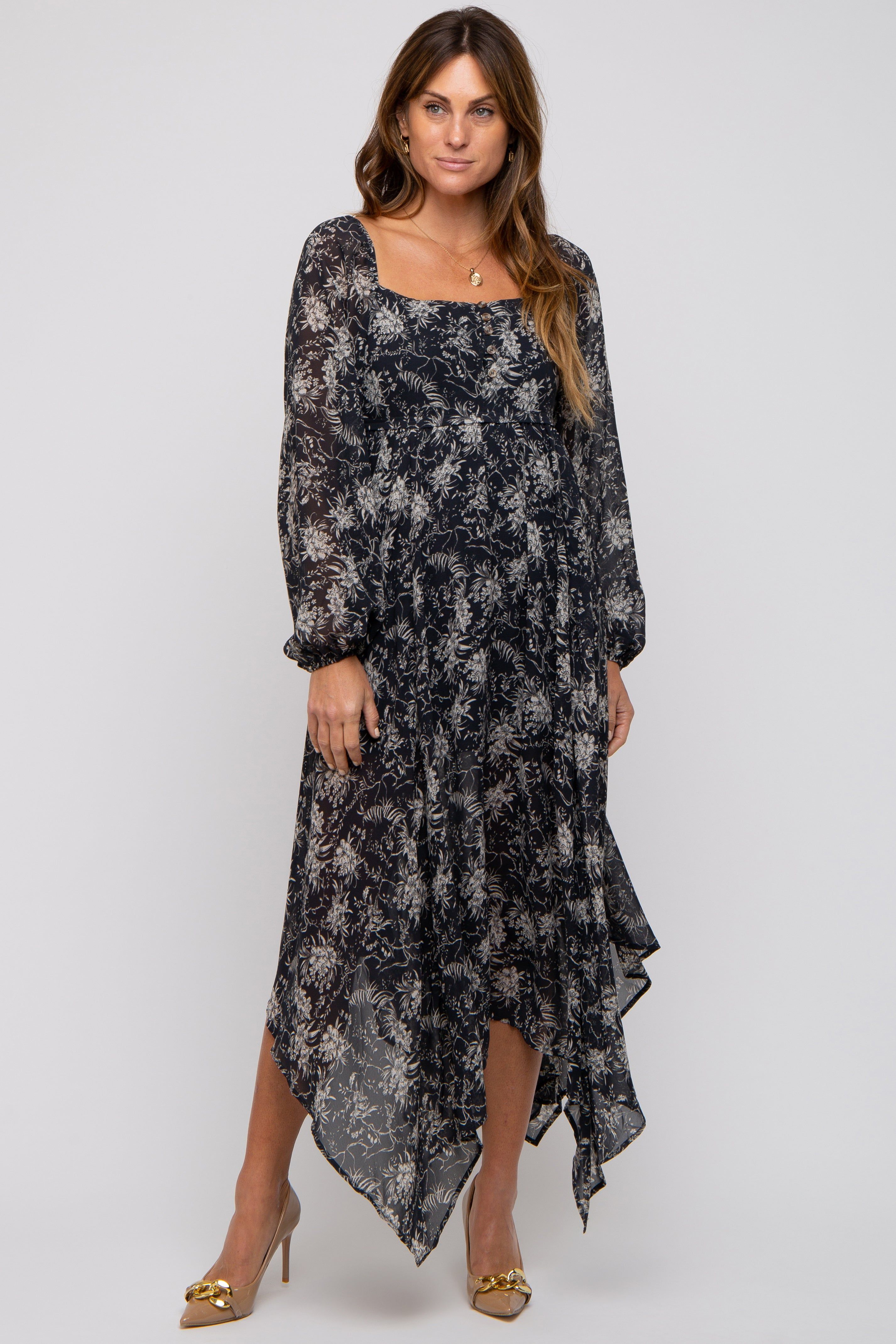 Charcoal Floral Chiffon Square Neck Button Front Midi Dress sold by Pinkblush product image thumbnail 5