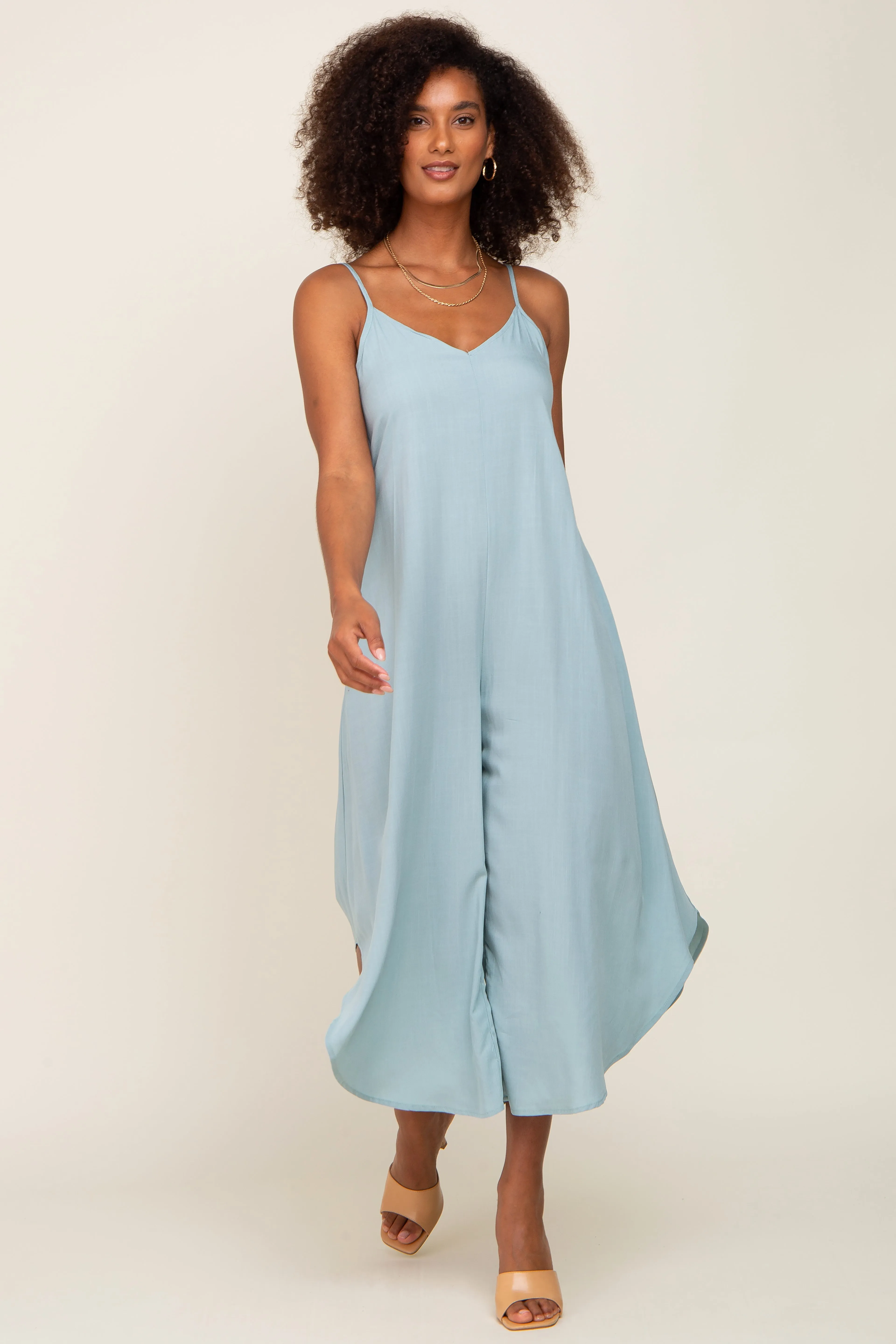 Sage Sleeveless Asymmetrical Hem Jumpsuit sold by Pinkblush