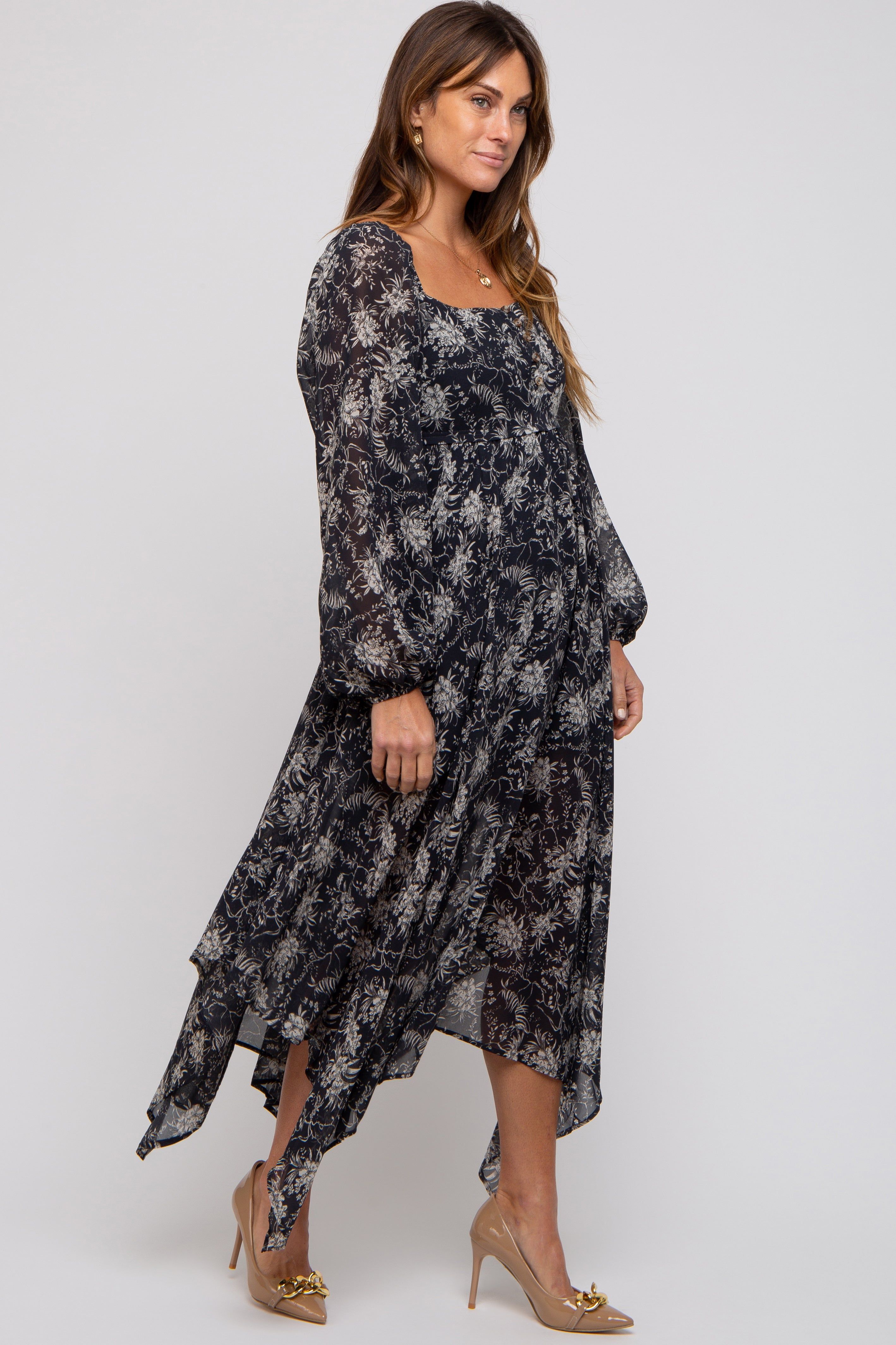 Charcoal Floral Chiffon Square Neck Button Front Midi Dress sold by Pinkblush product image thumbnail 2
