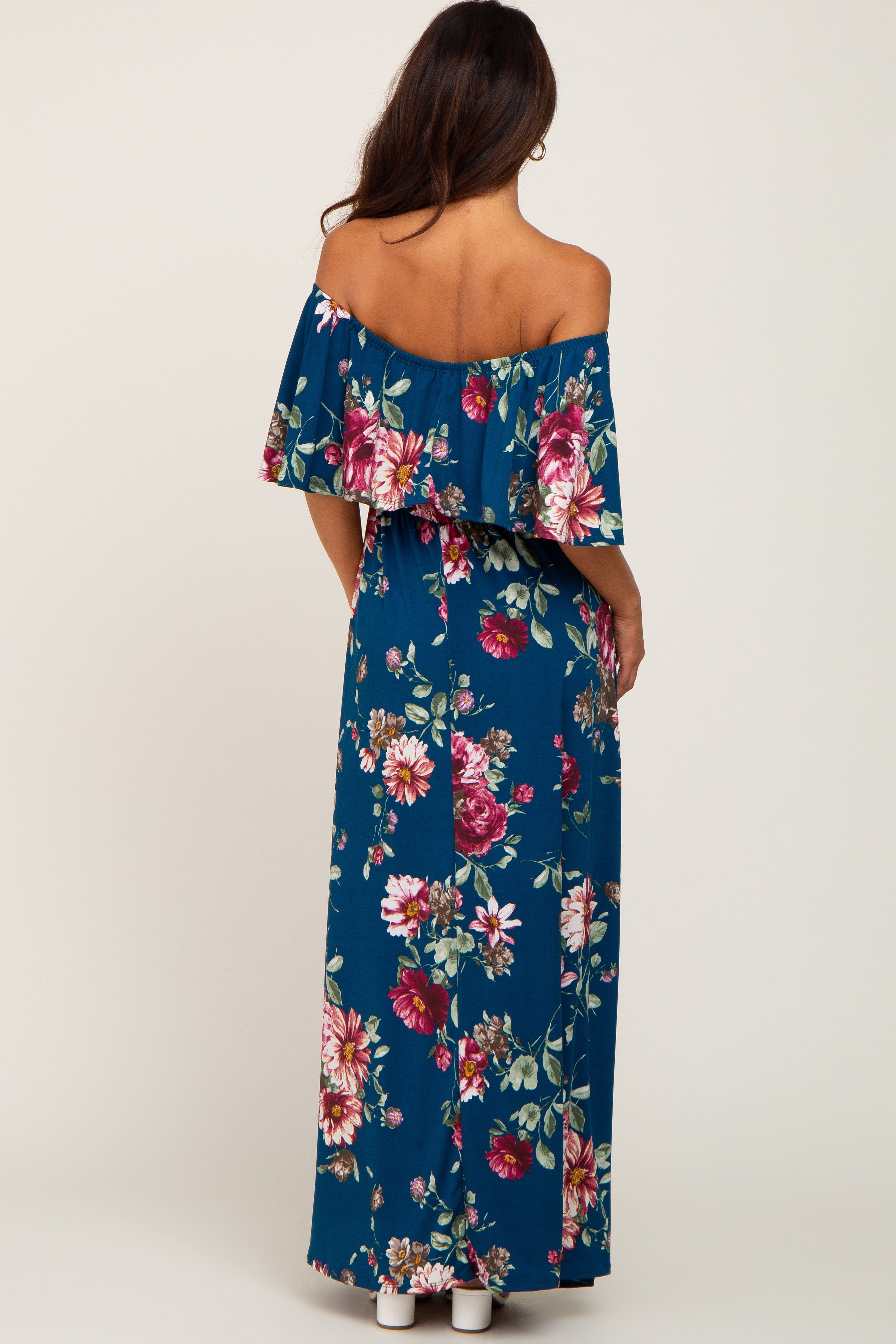 Dark Teal Floral Flounce Off Shoulder Maxi Dress sold by Pinkblush product image thumbnail 3
