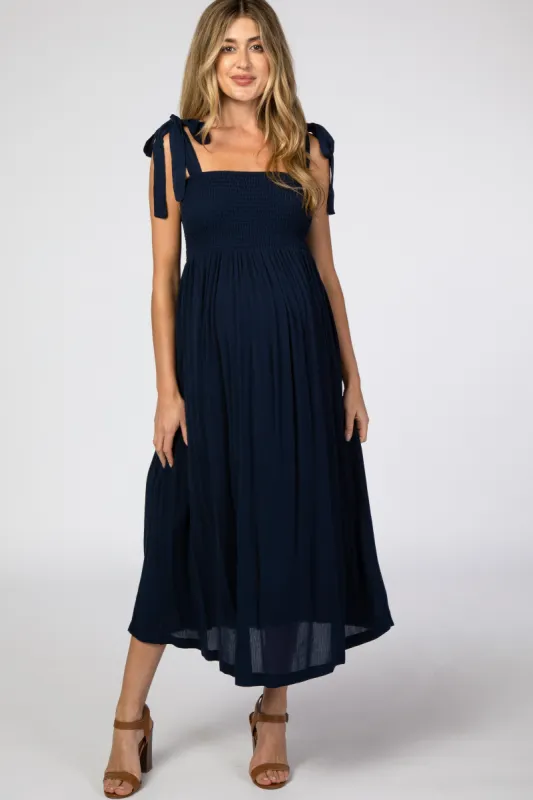 Navy Blue Smocked Tie Strap Maternity Midi Dress sold by Pinkblush