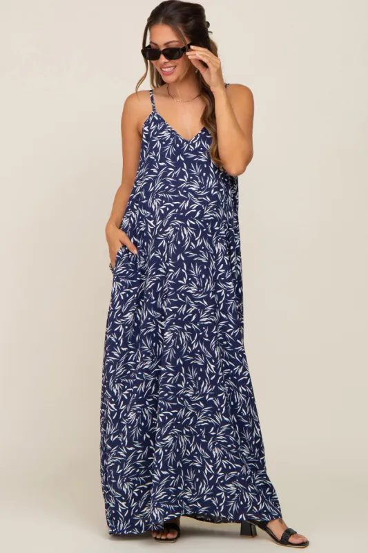 Navy Leaf Print Double V-Neck Maternity Maxi Dress sold by Pinkblush