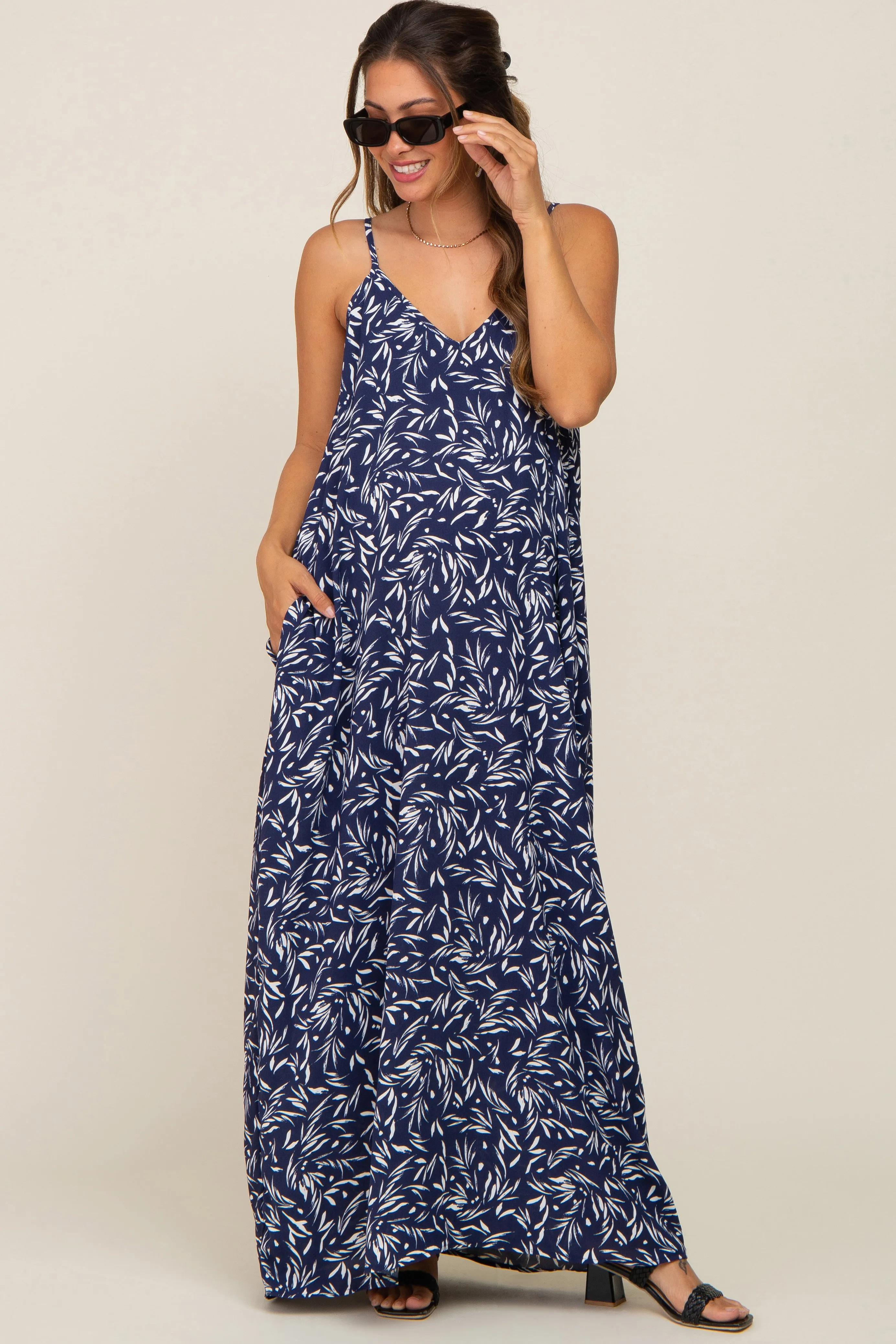 Navy Leaf Print Double V-Neck Maternity Maxi Dress sold by Pinkblush